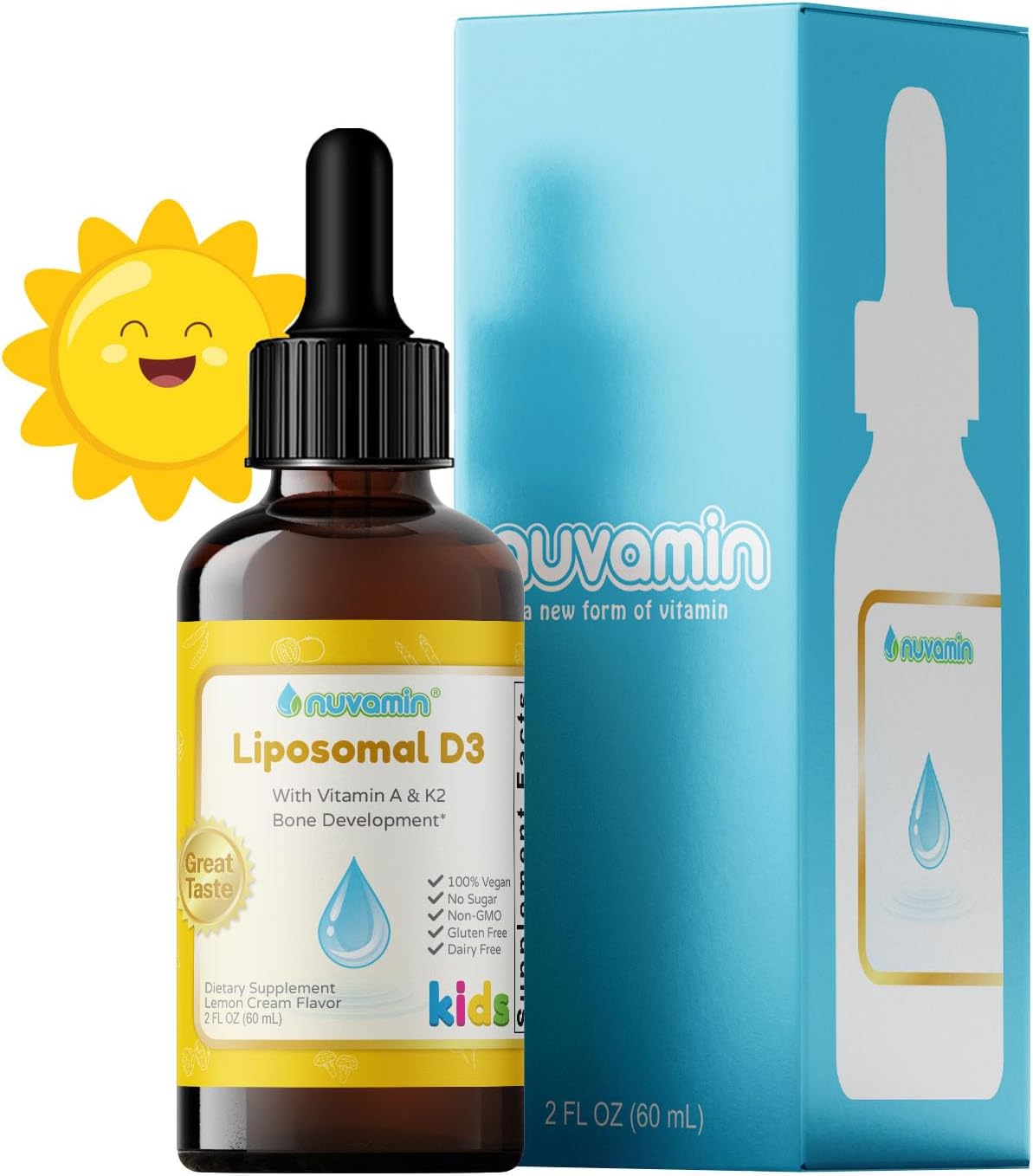Liquid Liposomal D3 Drops with Vitamin A & K2 - Nuvamin for All Ages, 800 IU/mL, 2 Fl.Oz, 120 Servings