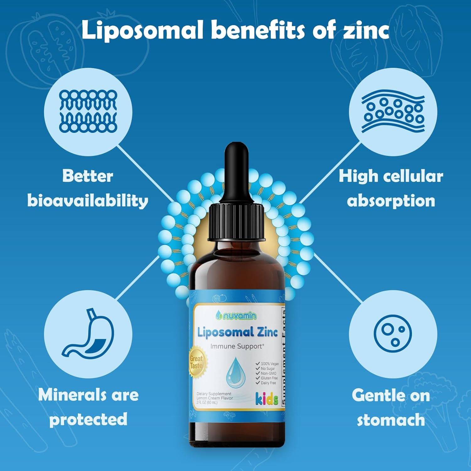 Liquid Liposomal Zinc Drops for Toddlers, Kids, & Adults - Lemon Cream Flavor, 2Fl.Oz (60ml)