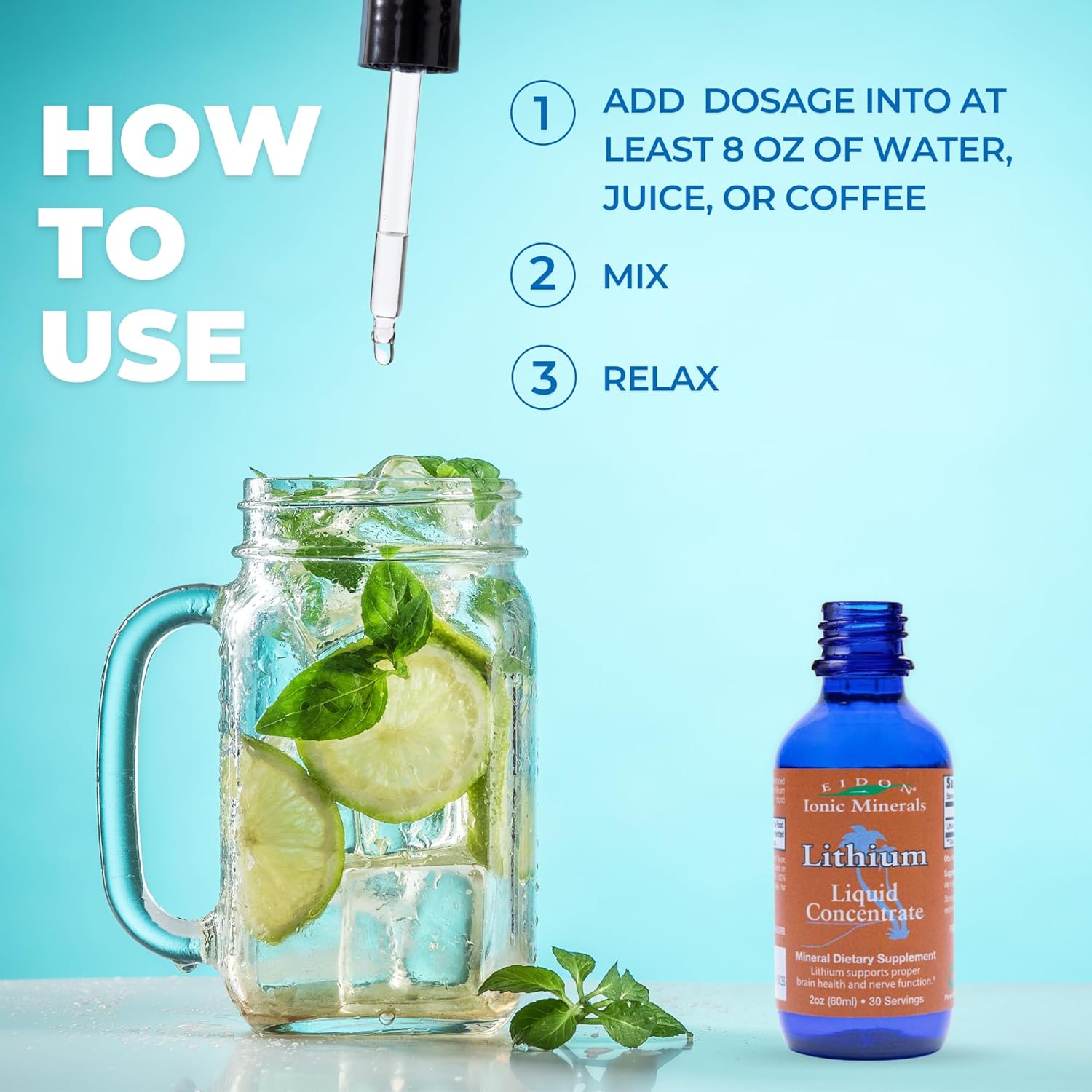 Liquid Lithium Chloride Drops Supplement for Brain Health & Cognition - 2 oz. Mineral Drops for Water with Vitamin B12 & Folate Support - BoostGo Australia