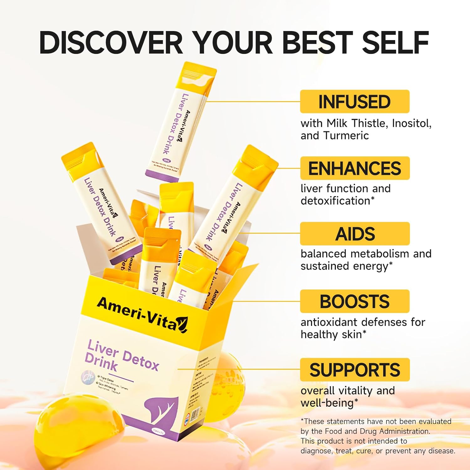 Liquid Liver Detox Drink Supplement with Milk Thistle, Artichoke, Turmeric, and Inositol - Natural Liver Health Support in Peach Flavor - 30 Sachets