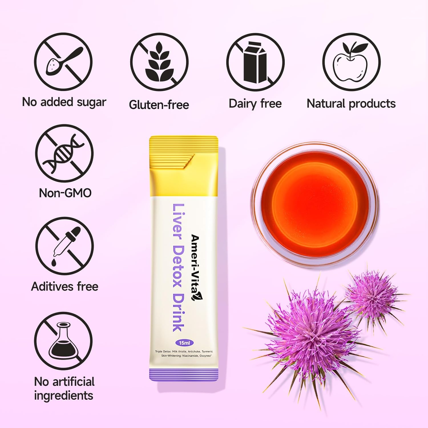 Liquid Liver Detox Drink Supplement with Milk Thistle, Artichoke, Turmeric, and Inositol - Natural Liver Health Support in Peach Flavor - 30 Sachets