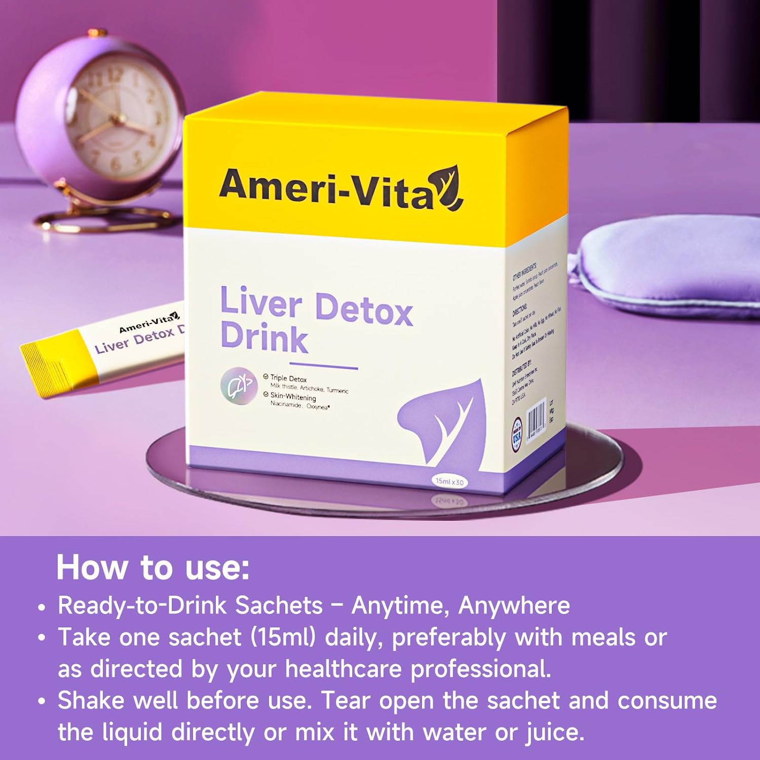 Liquid Liver Detox Drink Supplement with Milk Thistle, Artichoke, Turmeric, and Inositol - Natural Liver Health Support in Peach Flavor - 30 Sachets