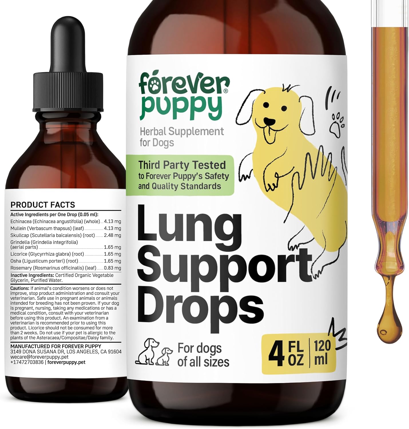 Liquid Lung Support Drops for Dogs - Natural Respiratory Health Supplements - with Mullein Leaf & Echinacea - 4 fl oz Bottle