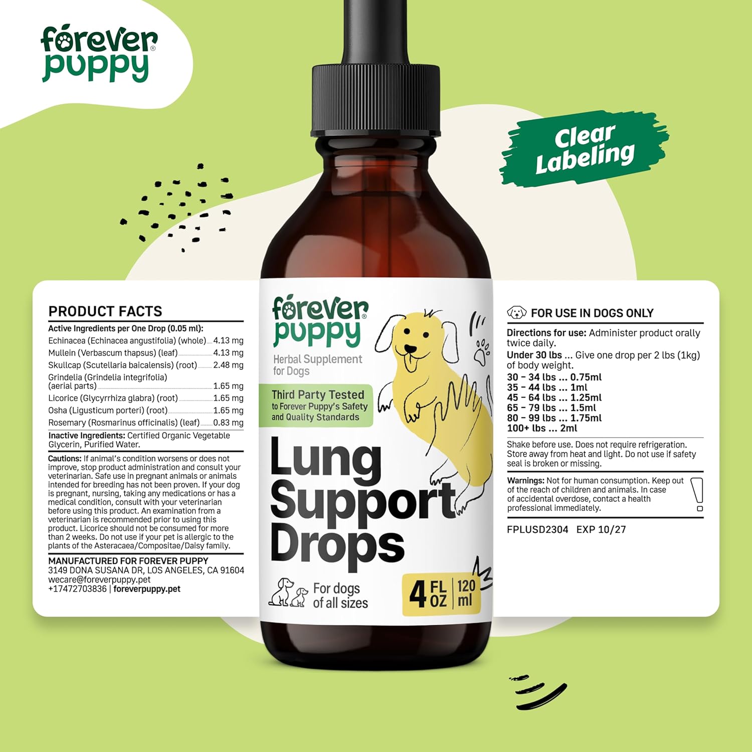 Liquid Lung Support Drops for Dogs - Natural Respiratory Health Supplements - with Mullein Leaf & Echinacea - 4 fl oz Bottle