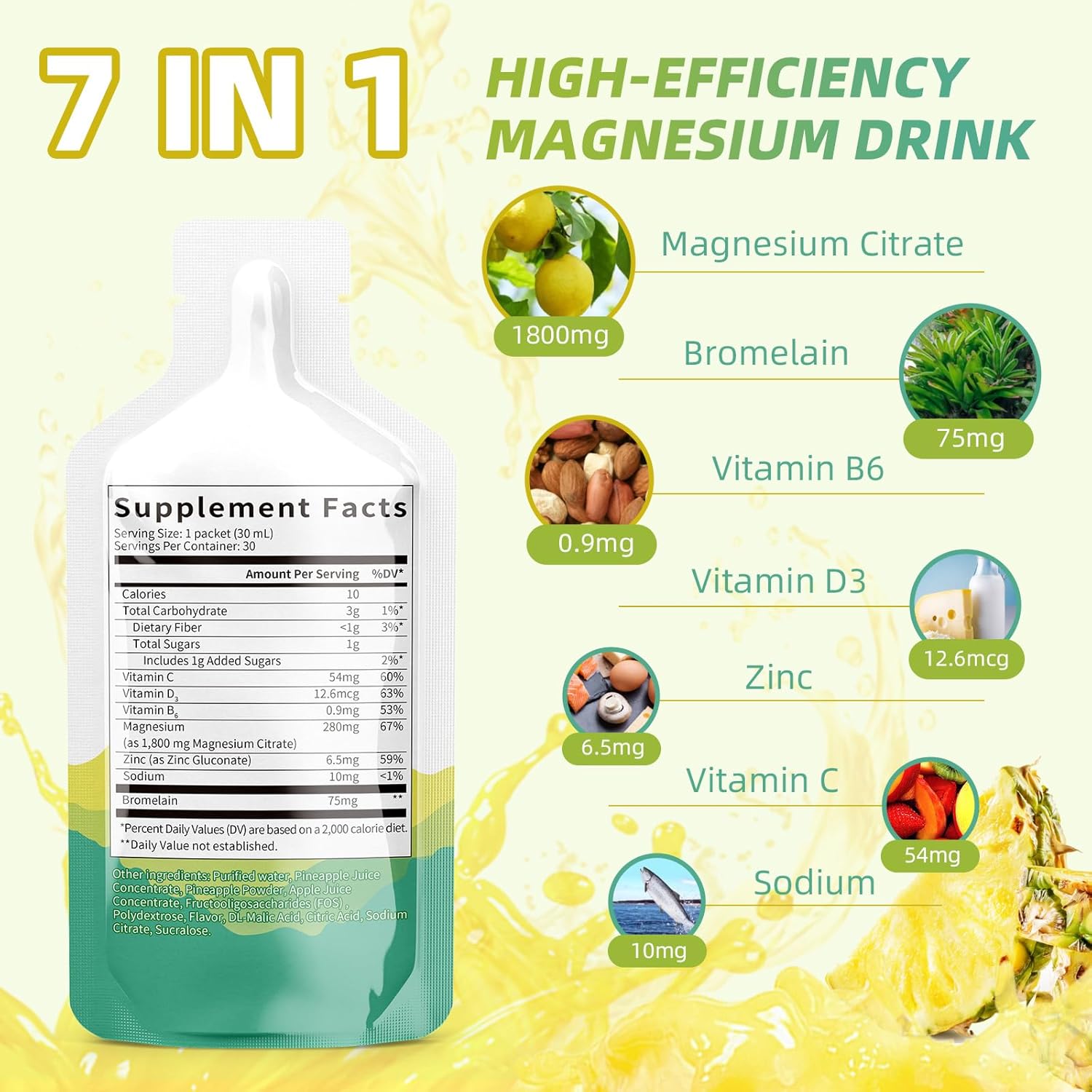 Liquid Magnesium Citrate Supplement with Bromelain, Vitamin, Zinc, and Sodium - Pineapple Flavor for Sleep, Muscle, Heart, Digestion, Constipation - 30 Day Supply