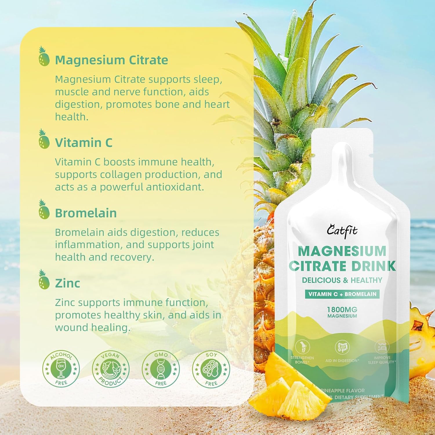 Liquid Magnesium Citrate Supplement with Bromelain, Vitamin, Zinc, and Sodium - Pineapple Flavor for Sleep, Muscle, Heart, Digestion, Constipation - 30 Day Supply