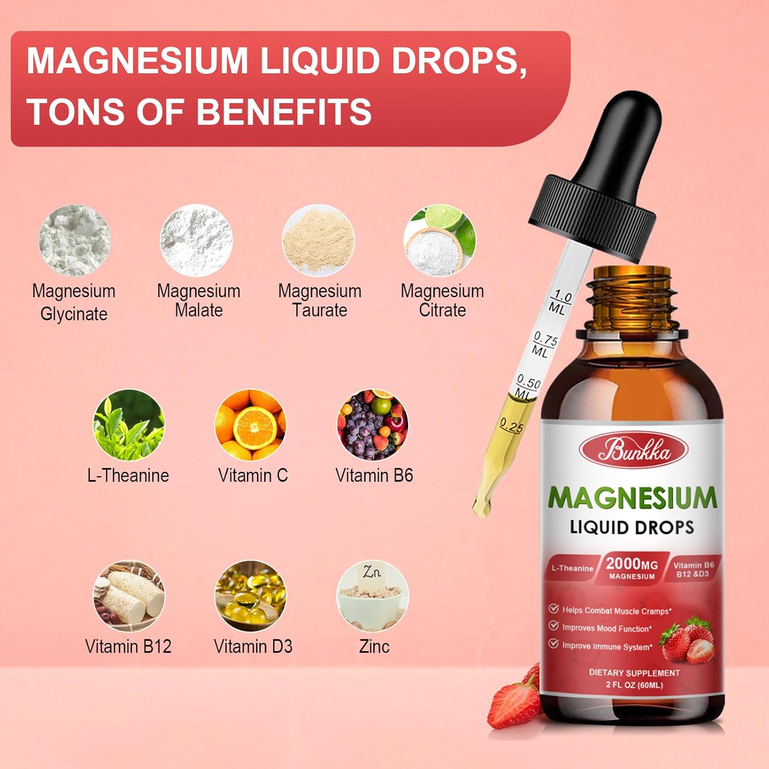 Liquid Magnesium Complex Supplement with 500mg Magnesium Glycinate, Malate, Taurate, Citrate & L-Theanine - Supports Muscles, Sleep & Stress Relief - Strawberry Flavor