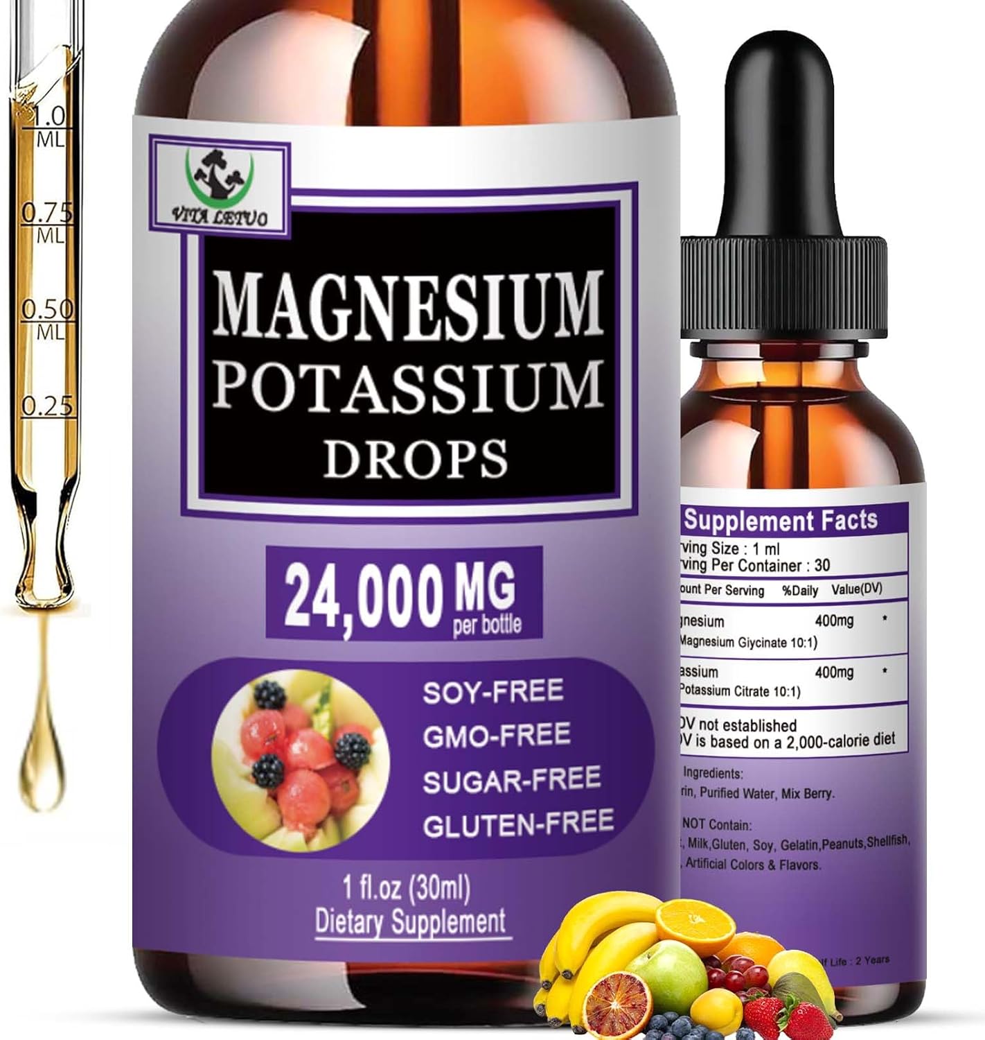 Liquid Magnesium Glycinate and Potassium Citrate Supplement for Vascular, Bone, Heart, Muscle & Nerve Health - 500mg Magnesium, 500mg Potassium - Non-GMO, Vegan Formula - BoostGo Australia