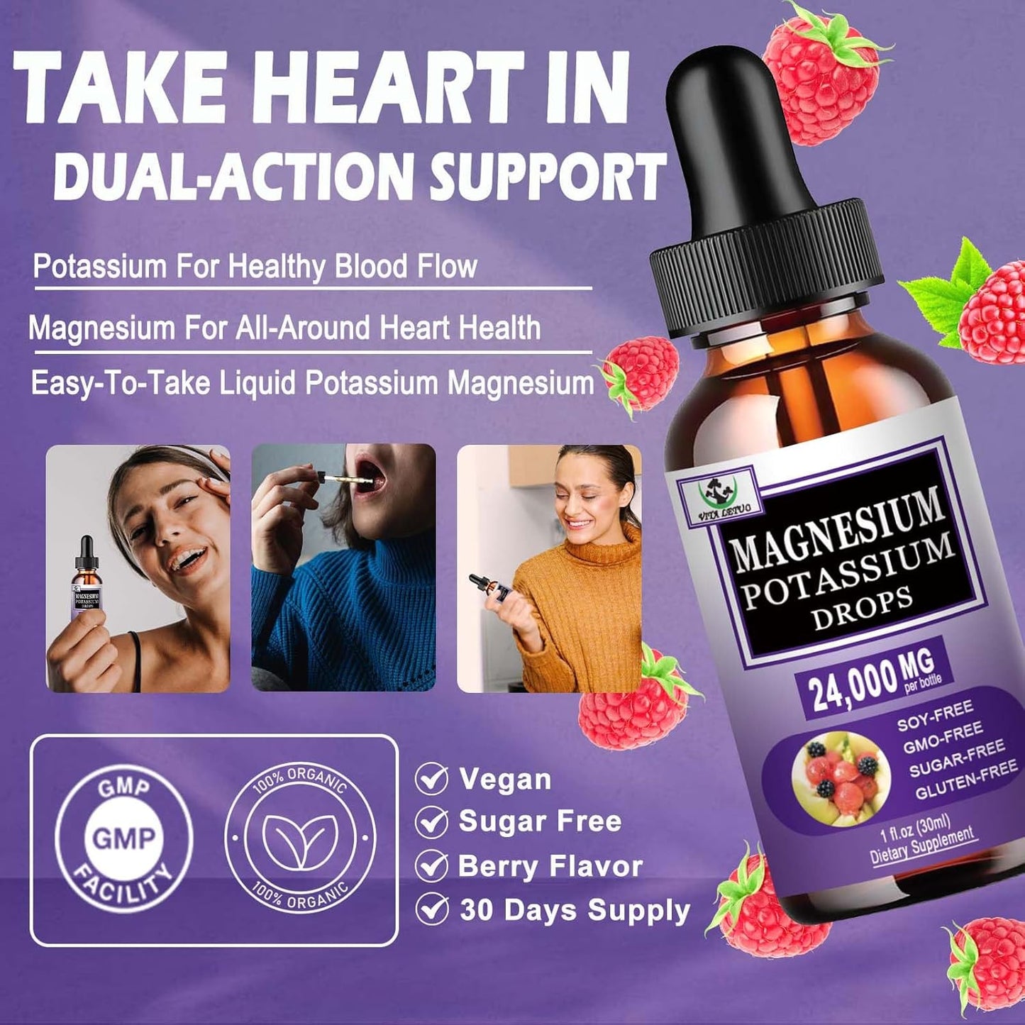 Liquid Magnesium Glycinate and Potassium Citrate Supplement for Vascular, Bone, Heart, Muscle & Nerve Health - 500mg Magnesium, 500mg Potassium - Non-GMO, Vegan Formula - BoostGo Australia