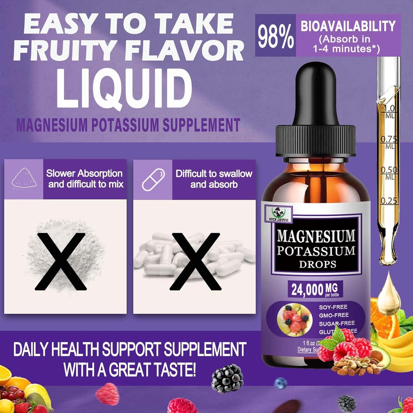 Liquid Magnesium Glycinate and Potassium Citrate Supplement for Vascular, Bone, Heart, Muscle & Nerve Health - 500mg Magnesium, 500mg Potassium - Non-GMO, Vegan Formula - BoostGo Australia