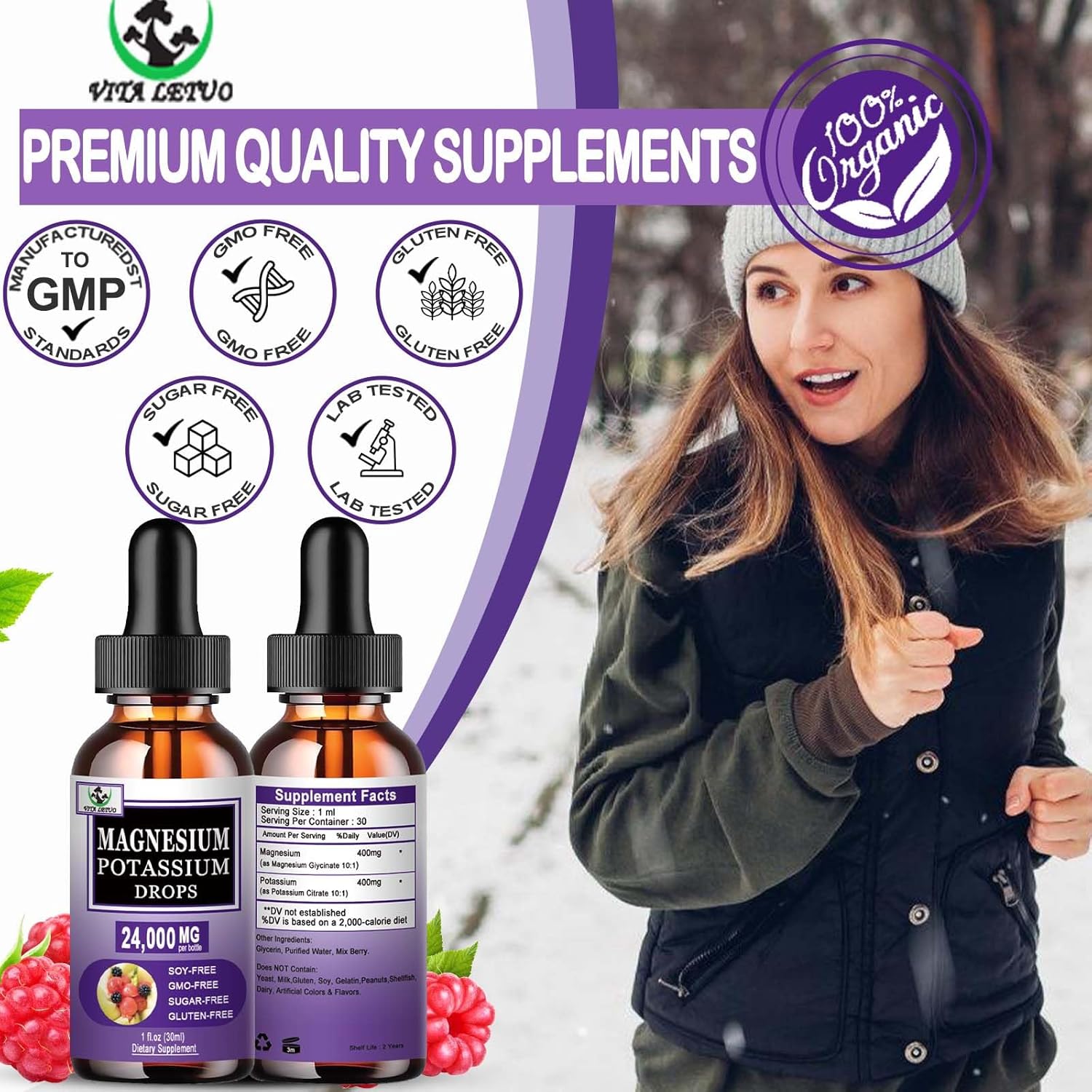 Liquid Magnesium Glycinate and Potassium Citrate Supplement for Vascular, Bone, Heart, Muscle & Nerve Health - 500mg Magnesium, 500mg Potassium - Non-GMO, Vegan Formula - BoostGo Australia