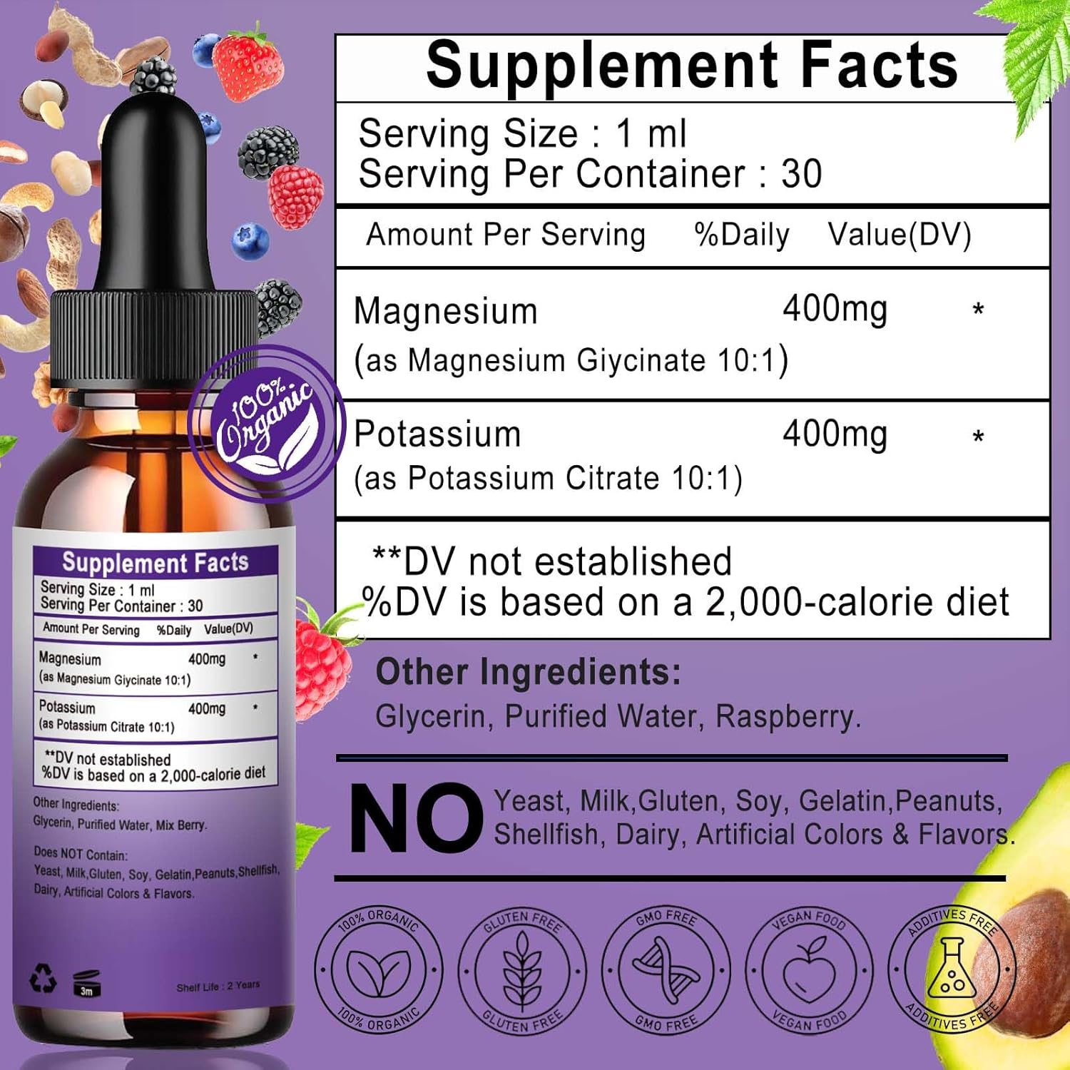 Liquid Magnesium Glycinate and Potassium Citrate Supplement for Vascular, Bone, Heart, Muscle & Nerve Health - 500mg Magnesium, 500mg Potassium - Non-GMO, Vegan Formula - BoostGo Australia