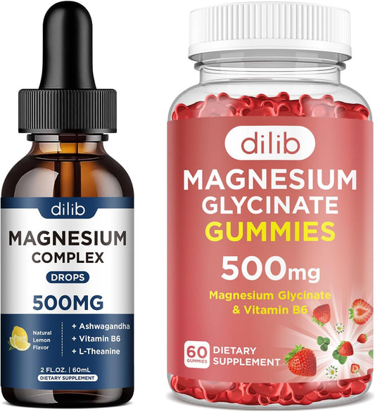 Liquid Magnesium Glycinate Citrate Malate Drops and Gummies Combo Pack
