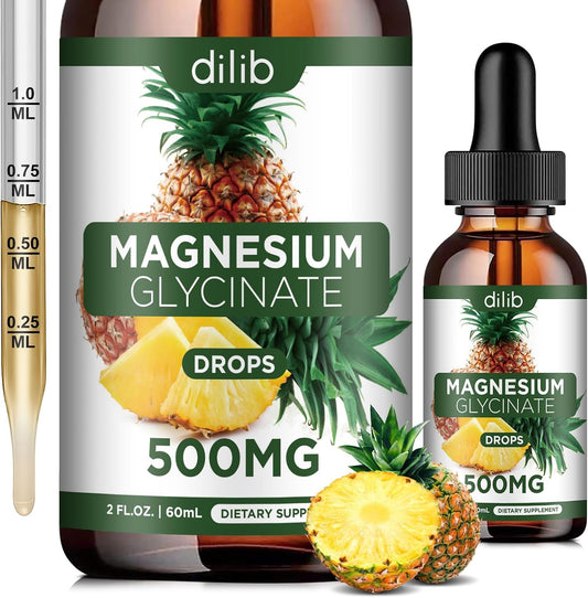 Liquid Magnesium Glycinate Drops 500mg for Stress Relief, Relaxation, Sleep - Vegan Pineapple Flavor - 2 Fl Oz
