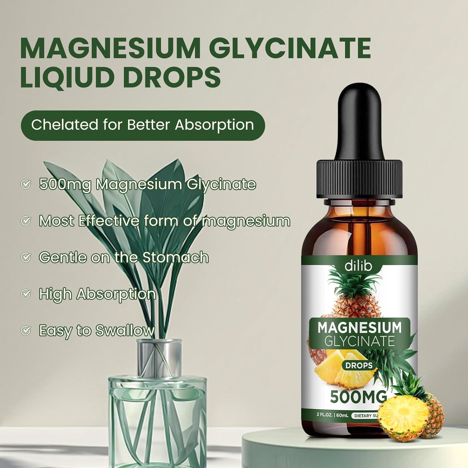 Liquid Magnesium Glycinate Drops 500mg for Stress Relief, Relaxation, Sleep - Vegan Pineapple Flavor - 2 Fl Oz