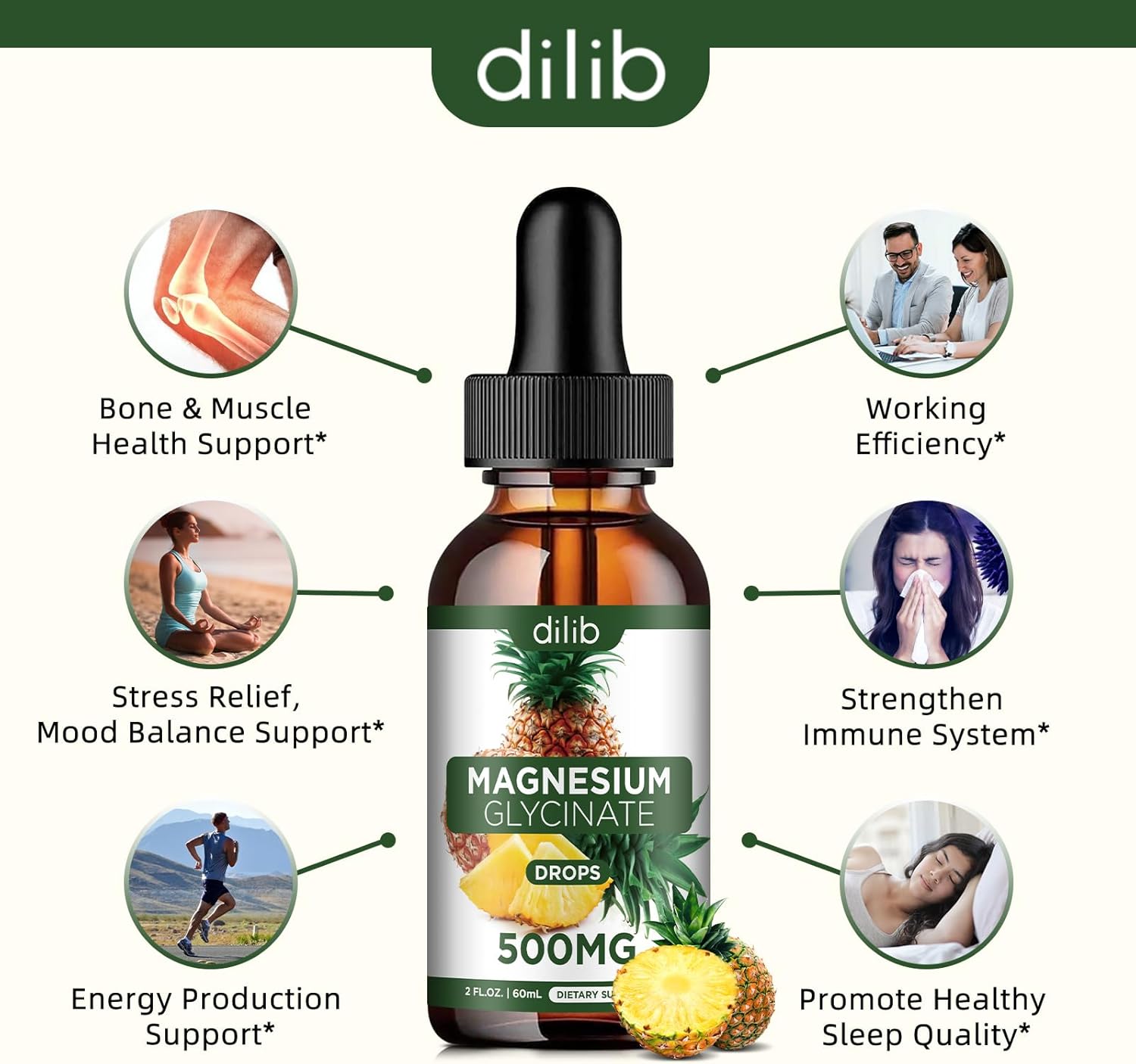 Liquid Magnesium Glycinate Drops 500mg for Stress Relief, Relaxation, Sleep - Vegan Pineapple Flavor - 2 Fl Oz