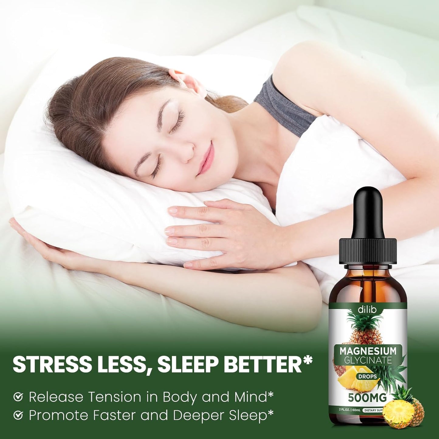 Liquid Magnesium Glycinate Drops 500mg for Stress Relief, Relaxation, Sleep - Vegan Pineapple Flavor - 2 Fl Oz