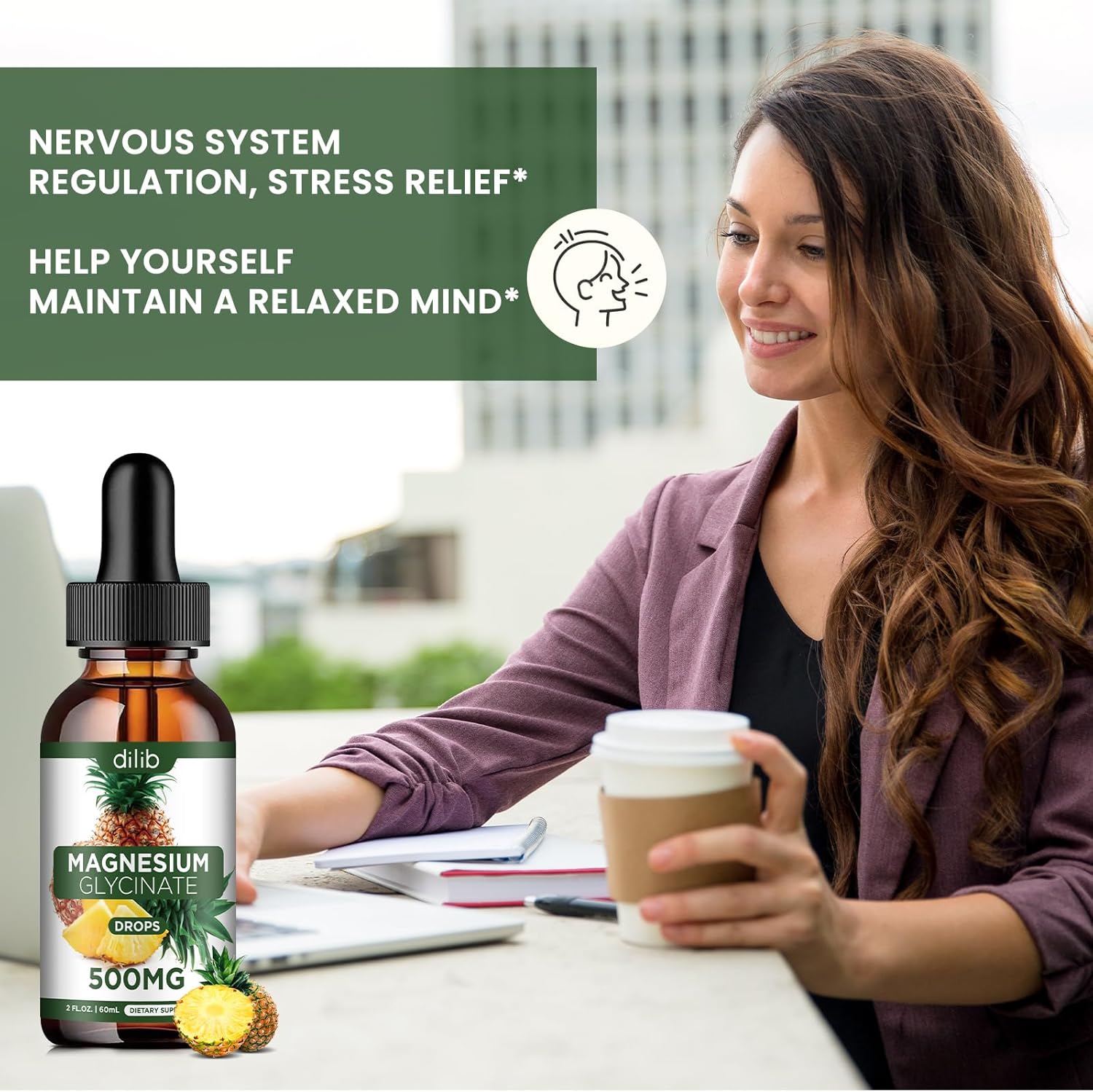 Liquid Magnesium Glycinate Drops 500mg for Stress Relief, Relaxation, Sleep - Vegan Pineapple Flavor - 2 Fl Oz