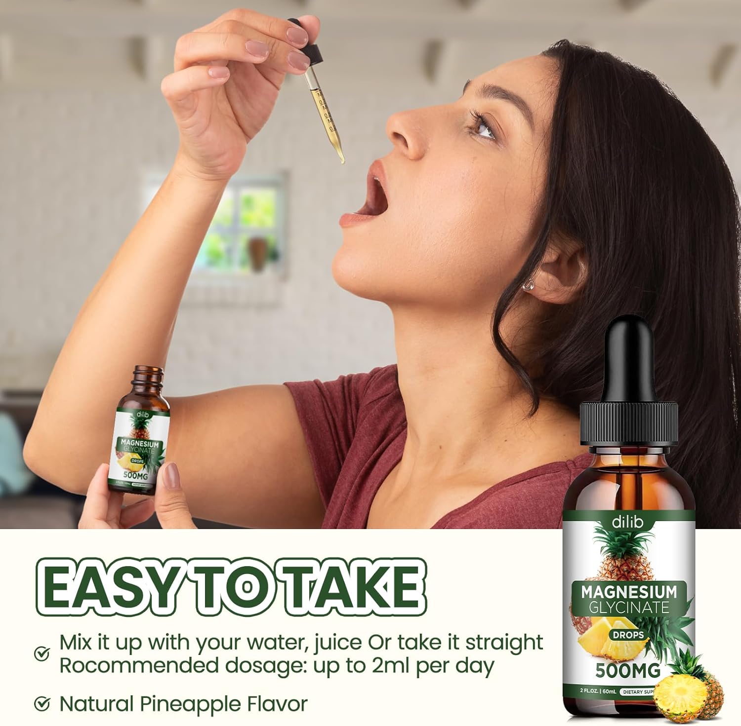 Liquid Magnesium Glycinate Drops 500mg for Stress Relief, Relaxation, Sleep - Vegan Pineapple Flavor - 2 Fl Oz