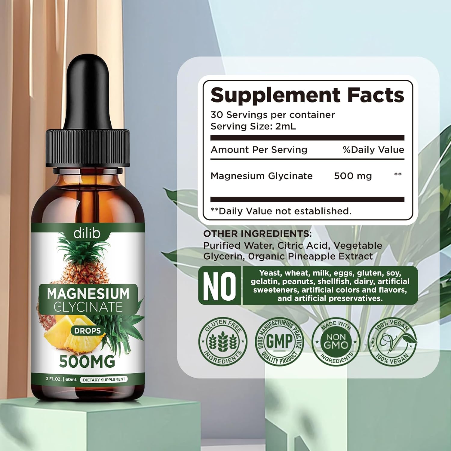 Liquid Magnesium Glycinate Drops 500mg for Stress Relief, Relaxation, Sleep - Vegan Pineapple Flavor - 2 Fl Oz