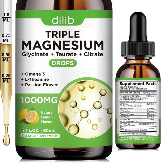 Liquid Magnesium Glycinate Supplement 1000mg with Omega 3, Zinc, Ashwagandha for Sleep & Stress Relief, Lemon Flavor