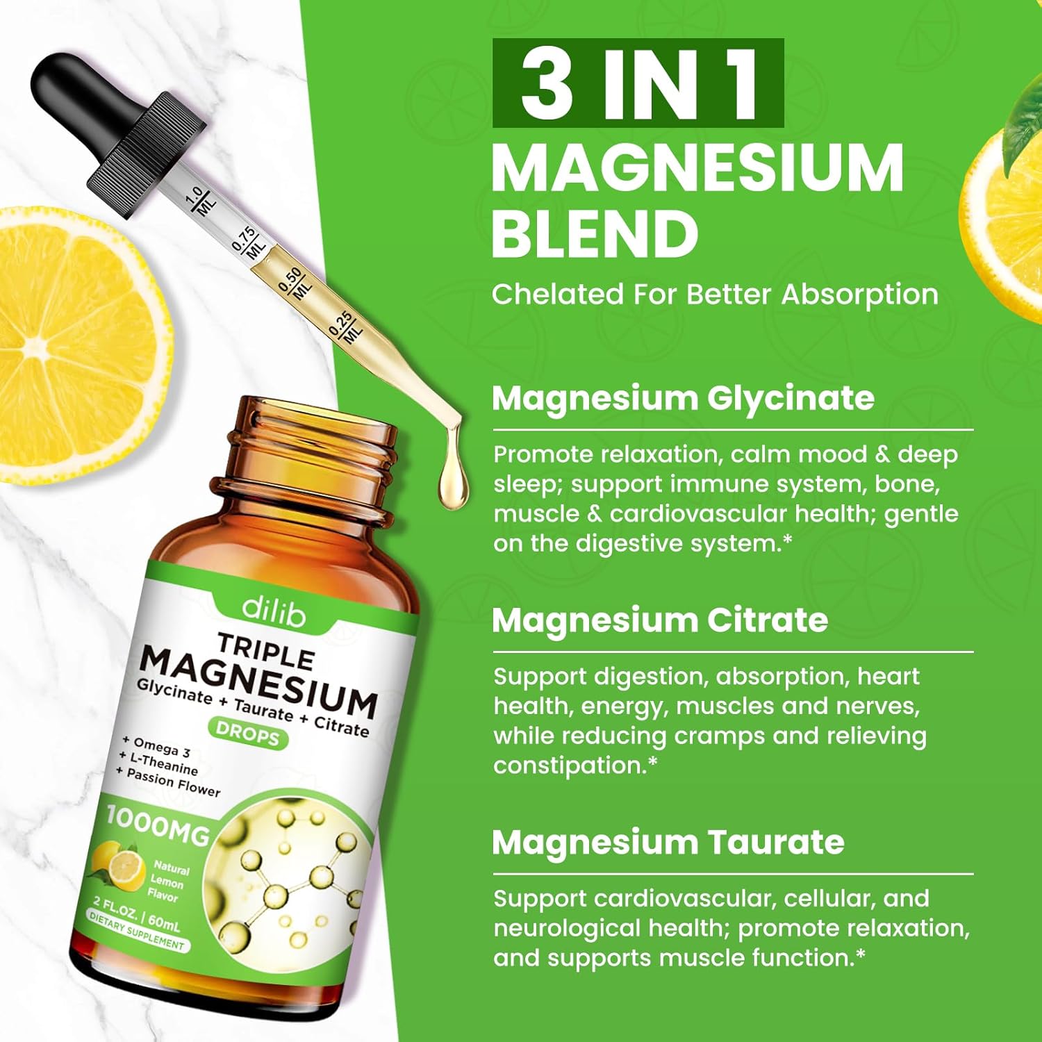 Liquid Magnesium Glycinate Supplement 1000mg with Omega 3, Zinc, Ashwagandha for Sleep & Stress Relief, Lemon Flavor