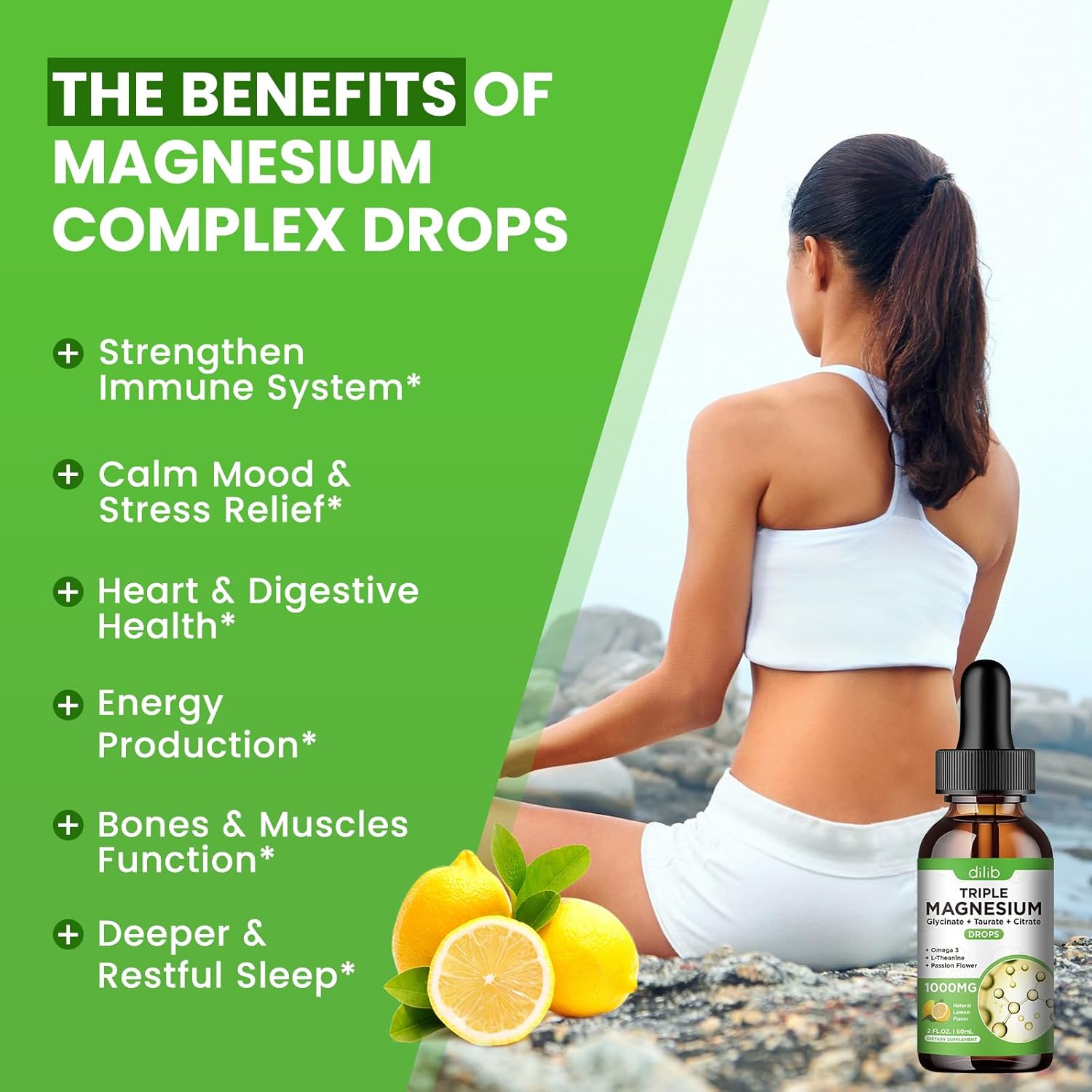 Liquid Magnesium Glycinate Supplement 1000mg with Omega 3, Zinc, Ashwagandha for Sleep & Stress Relief, Lemon Flavor