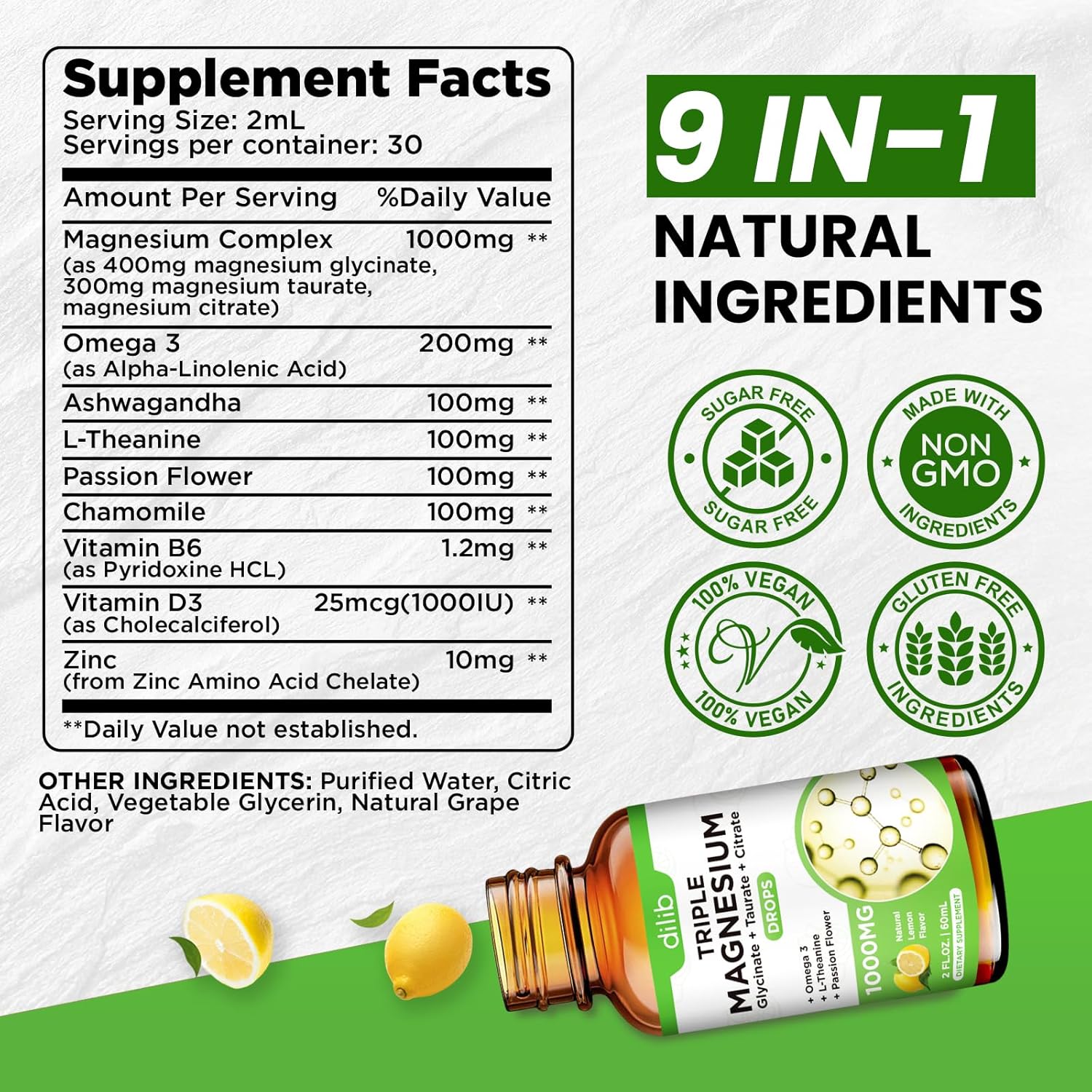 Liquid Magnesium Glycinate Supplement 1000mg with Omega 3, Zinc, Ashwagandha for Sleep & Stress Relief, Lemon Flavor