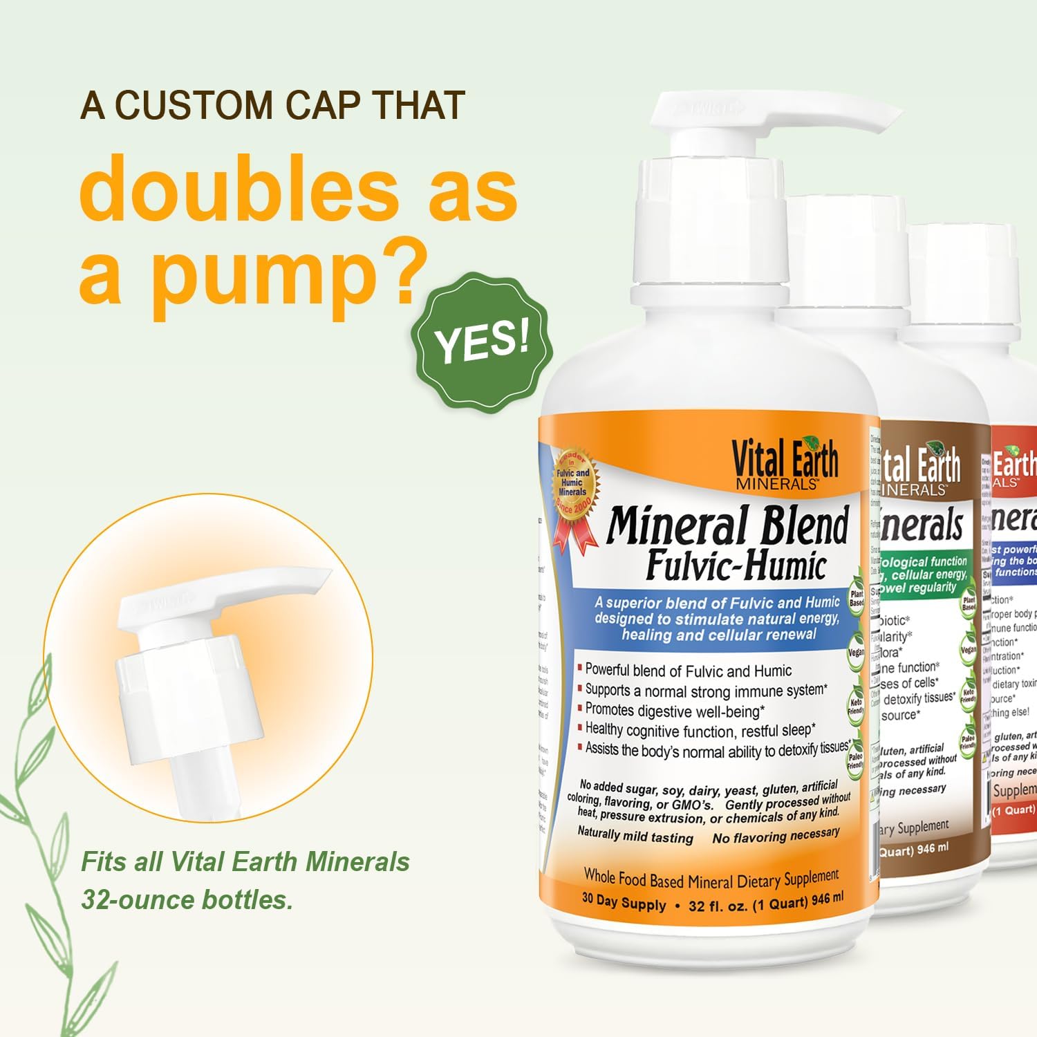 Liquid Mineral Pump for 32-Ounce Vitamin & Fulvic Mineral Supplement Bottles by Vital Earth Minerals
