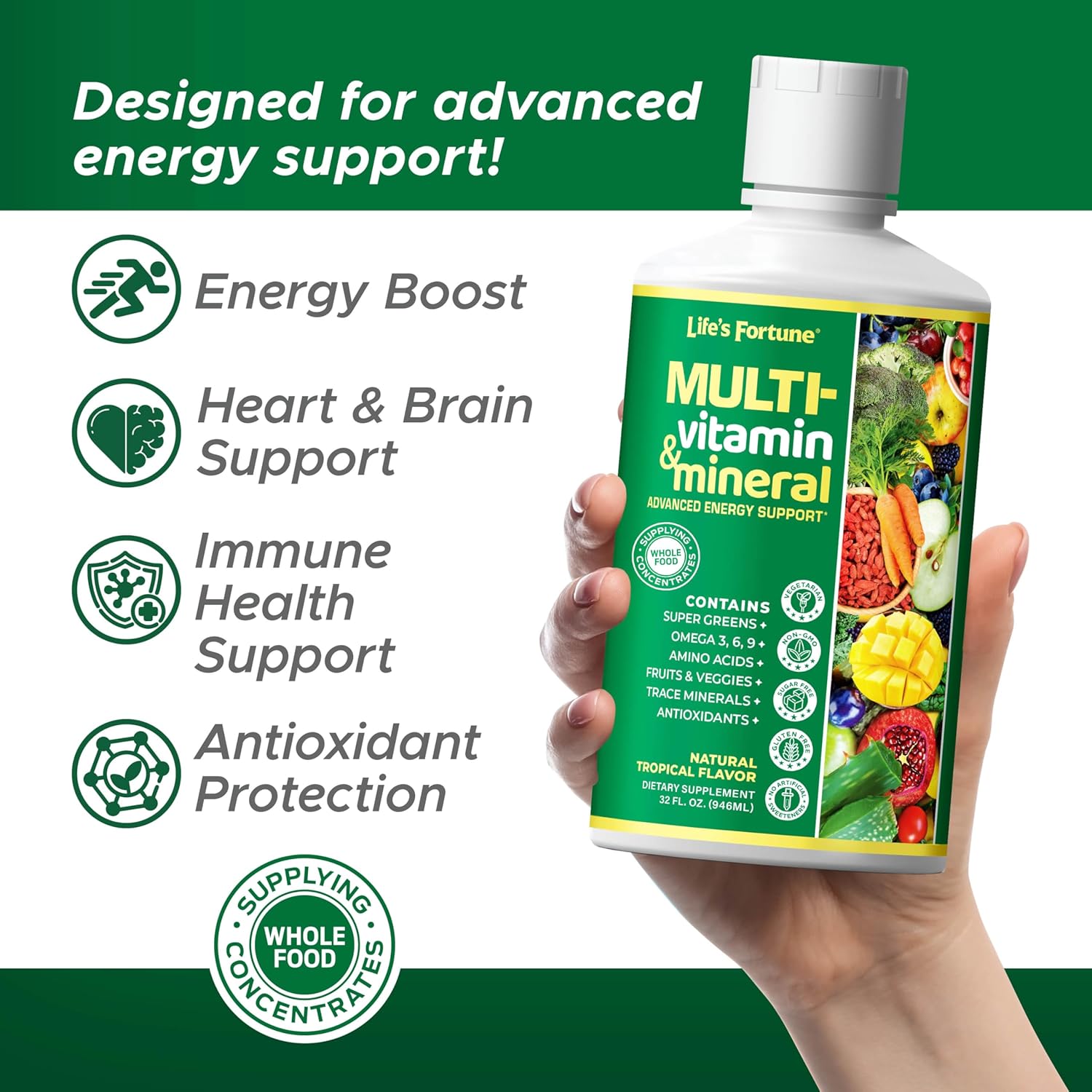 Liquid Multivitamin for Men & Women - Natural Energy Source with Whole Food Concentrates, Antioxidants, Amino Acids, Enzymes, Minerals - 32 Servings