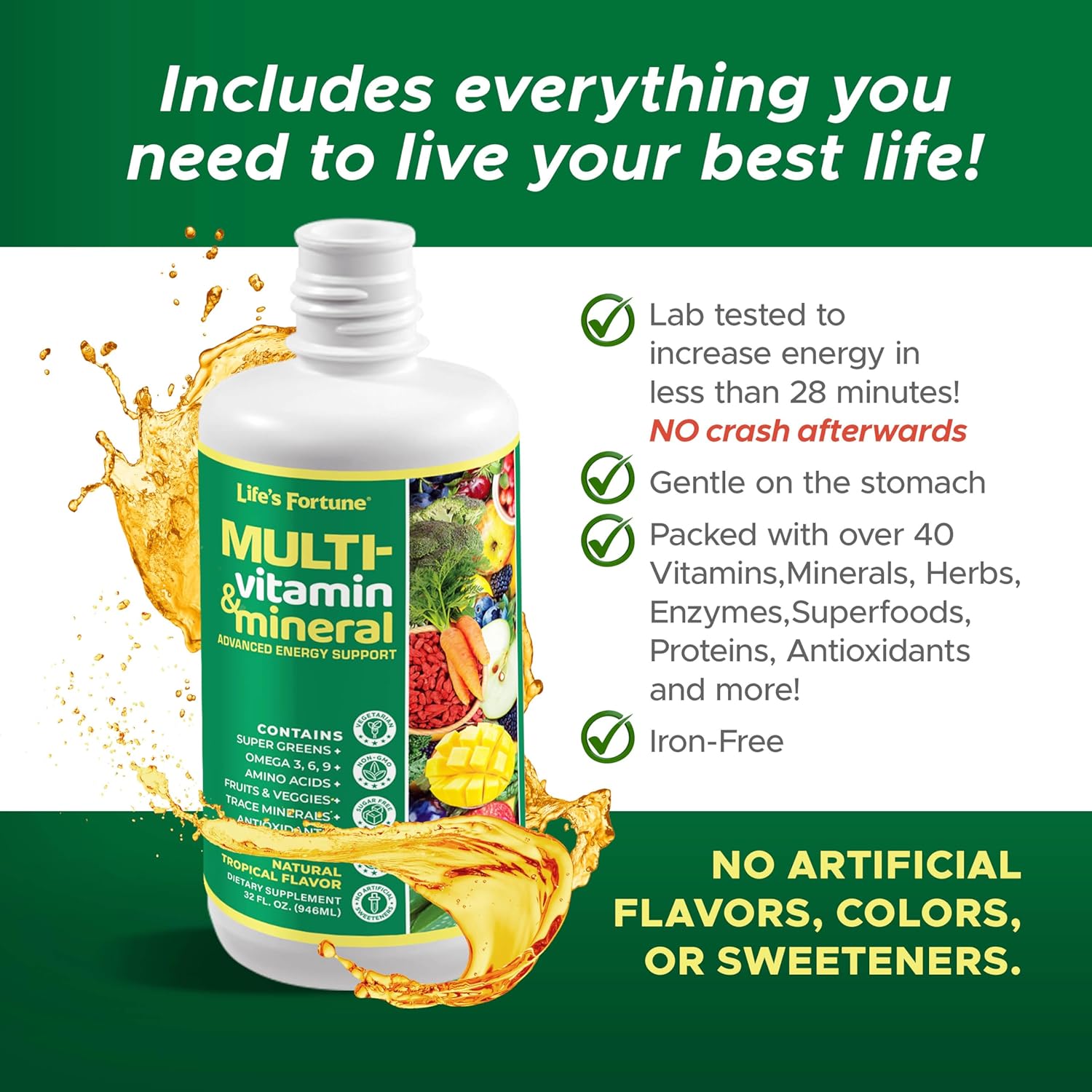 Liquid Multivitamin for Men & Women - Natural Energy Source with Whole Food Concentrates, Antioxidants, Amino Acids, Enzymes, Minerals - 32 Servings