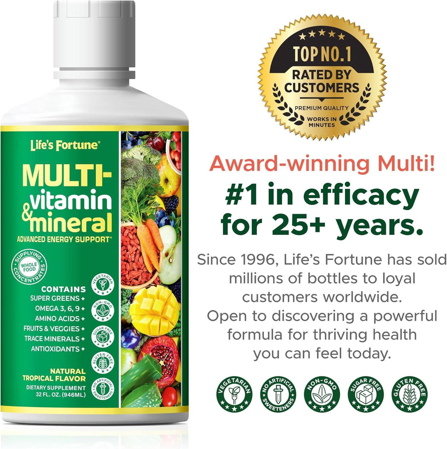 Liquid Multivitamin for Men & Women - Natural Energy Source with Whole Food Concentrates, Antioxidants, Amino Acids, Enzymes, Minerals - 32 Servings