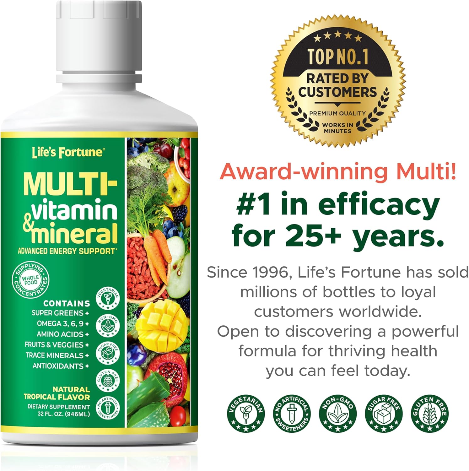 Liquid Multivitamin for Men & Women - Natural Energy Source with Whole Food Concentrates, Antioxidants, Amino Acids, Enzymes, Minerals - 32 Servings