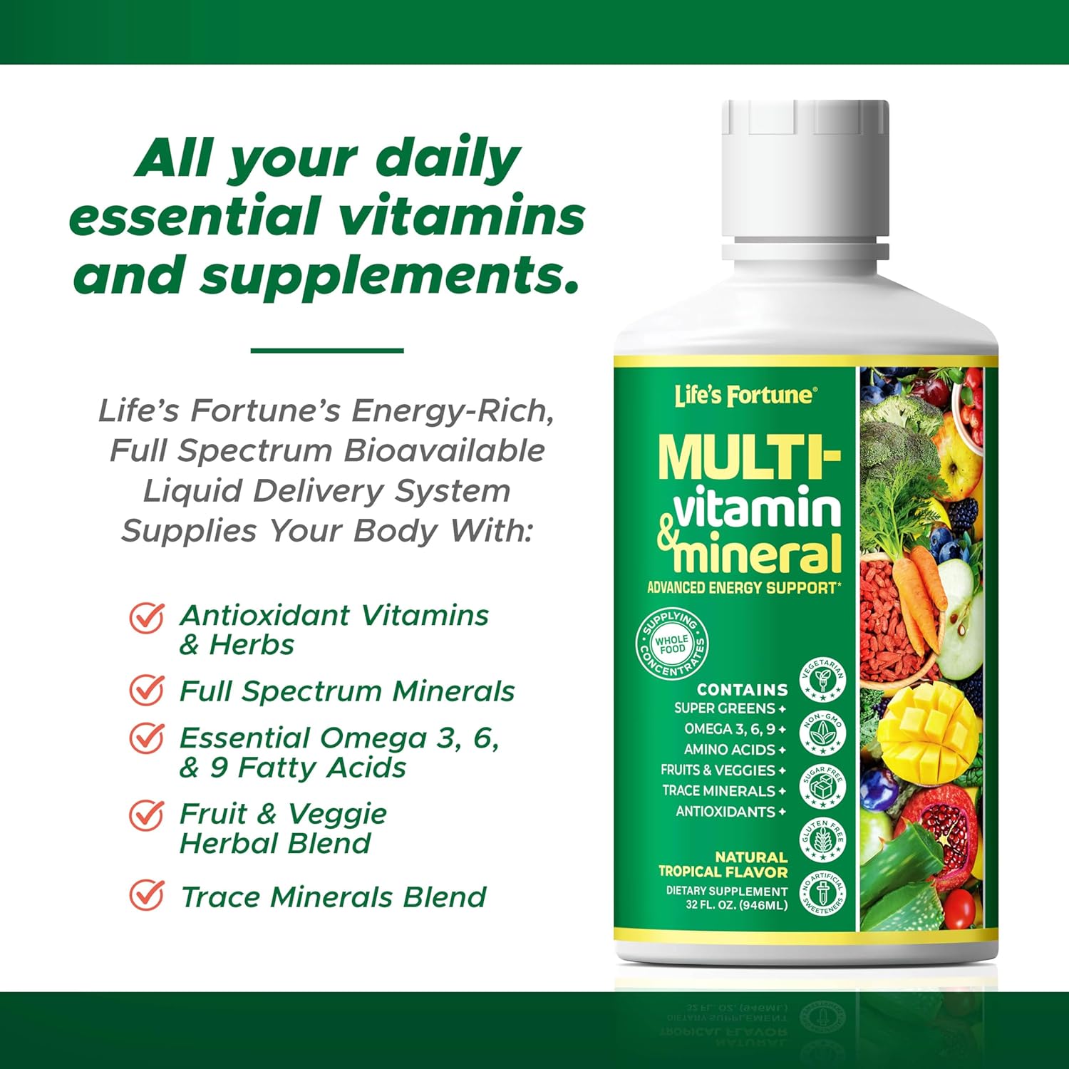 Liquid Multivitamin for Men & Women - Natural Energy Source with Whole Food Concentrates, Antioxidants, Amino Acids, Enzymes, Minerals - 32 Servings