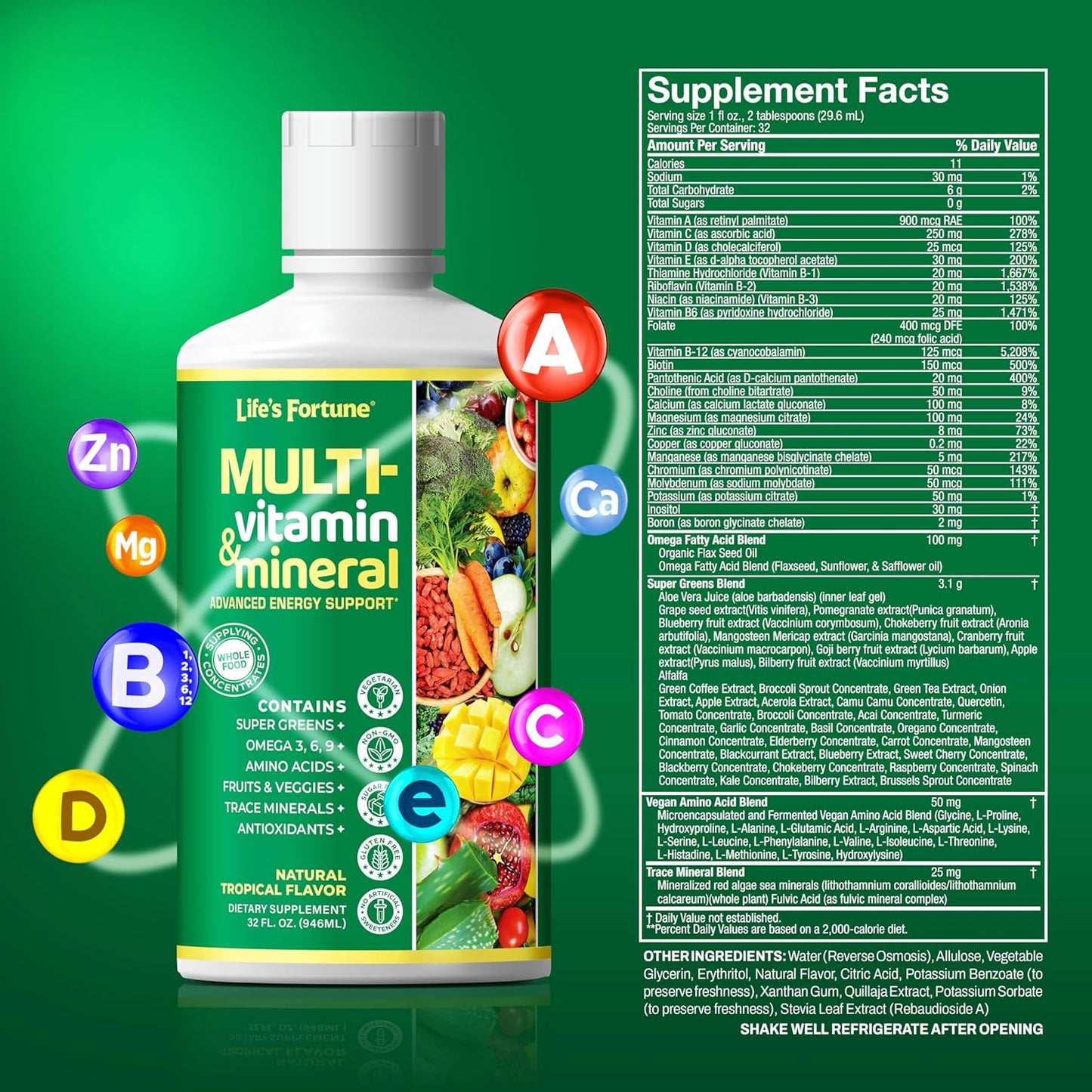 Liquid Multivitamin for Men & Women - Natural Energy Source with Whole Food Concentrates, Antioxidants, Amino Acids, Enzymes, Minerals - 32 Servings