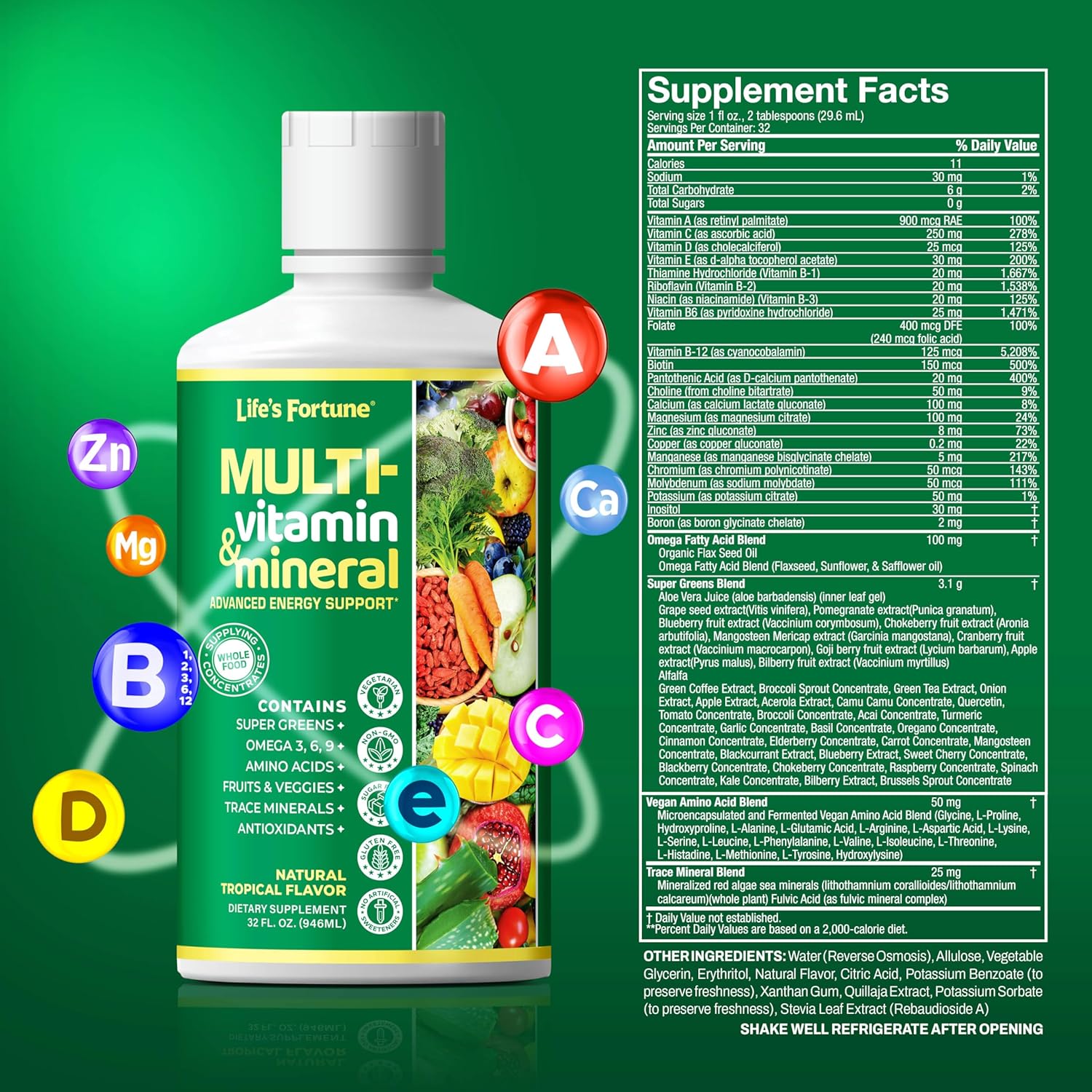 Liquid Multivitamin for Men & Women - Natural Energy Source with Whole Food Concentrates, Antioxidants, Amino Acids, Enzymes, Minerals - 32 Servings