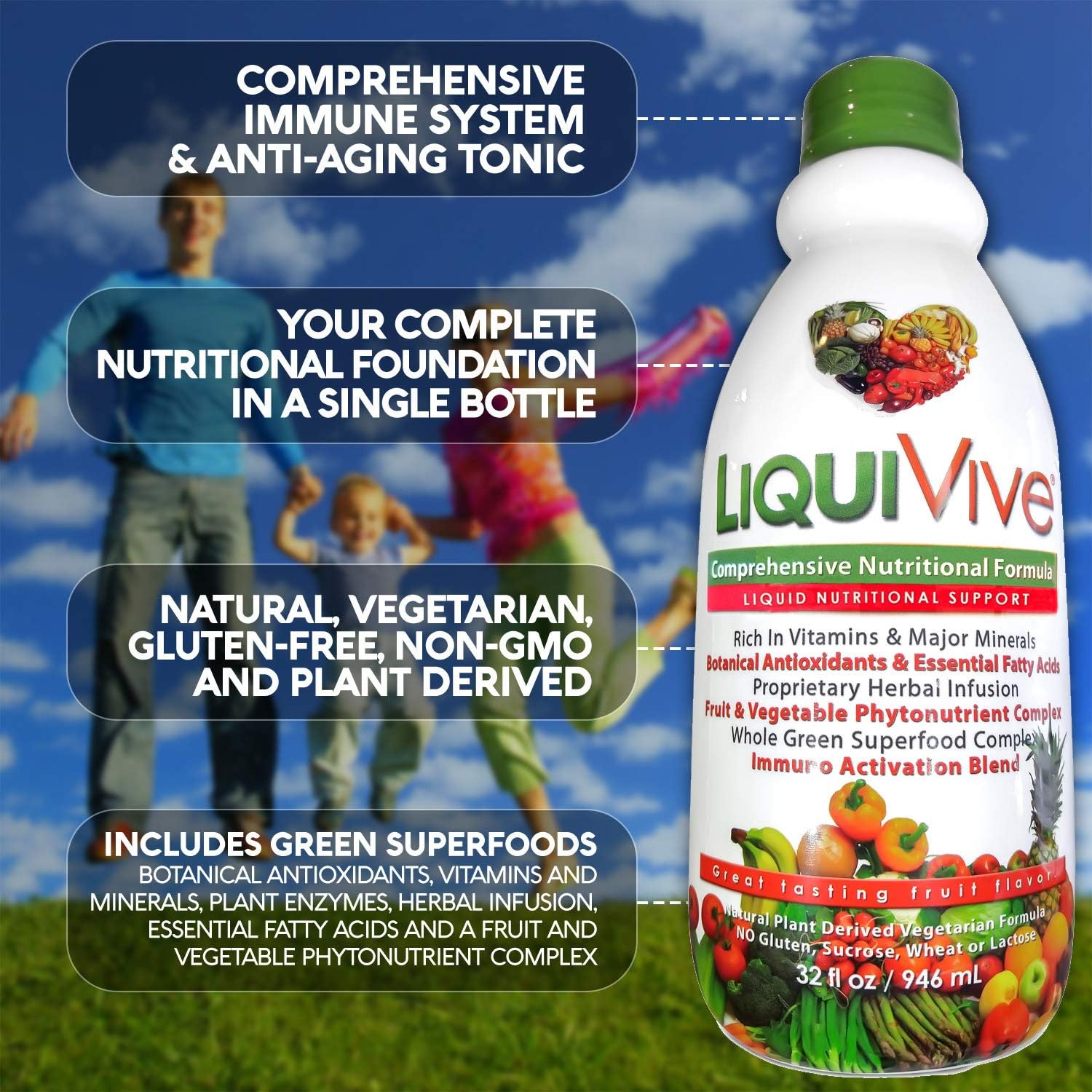 Liquid Multivitamin Superfood with Vitamin C, D3, B12, E, K | Immune Support Booster | Vegetarian | Non-GMO | Gluten Free | 32 fl oz
