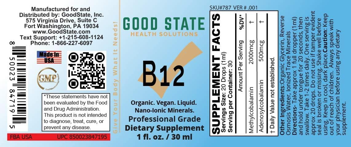 Liquid Nano Ionic B12 Supplement for Men and Women - 1 Ounce Bottle by Good State