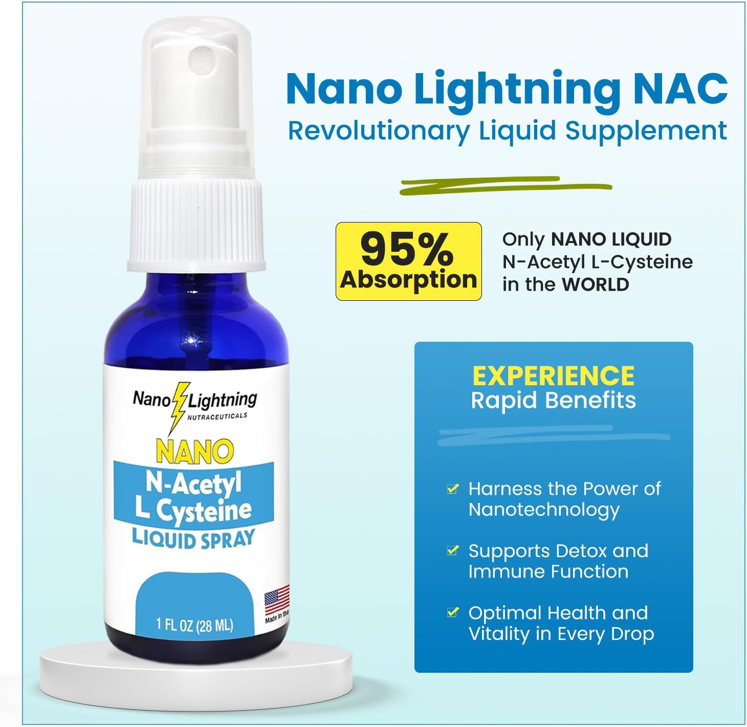 Liquid Nano Lightning Nutraceuticals N-Acetyl L-Cysteine (NAC) with 99% Absorption - Maximum Bioavailability for Fast Results