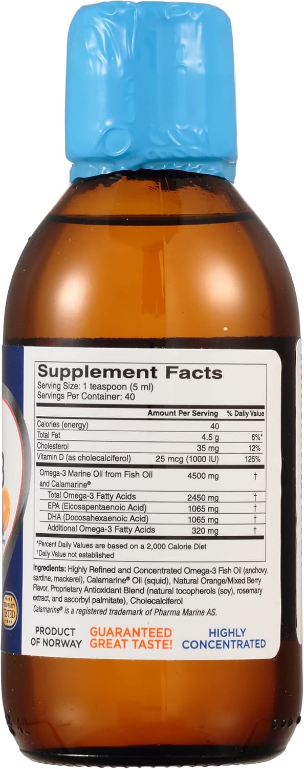 Liquid Omega-3 Fish Oil Supplement with Vitamin D3 - Ultra Strength Formula with 4,500mg Omega-3 Marine Oil, 2,130mg DHA and EPA, 1,000 IU Vitamin D3 - 6.8 fl oz