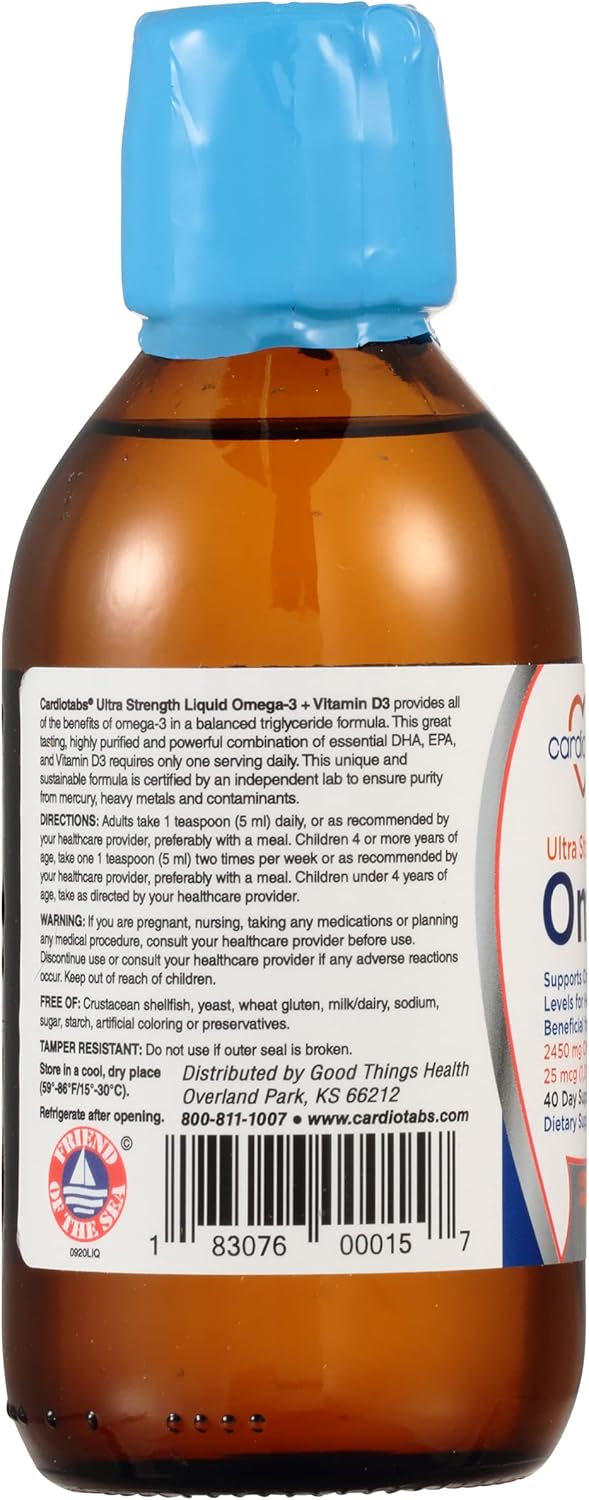 Liquid Omega-3 Fish Oil Supplement with Vitamin D3 - Ultra Strength Formula with 4,500mg Omega-3 Marine Oil, 2,130mg DHA and EPA, 1,000 IU Vitamin D3 - 6.8 fl oz