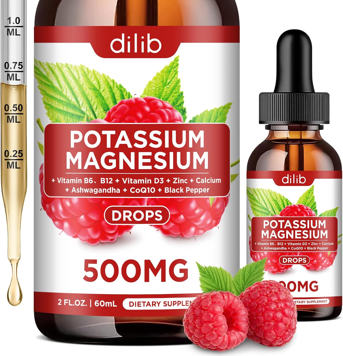 Liquid Potassium Magnesium Citrate Supplement with Ashwagandha, Calcium, Zinc, Vitamin D3 - 500mg Vegan Drops, Raspberry Flavor - 2 fl oz