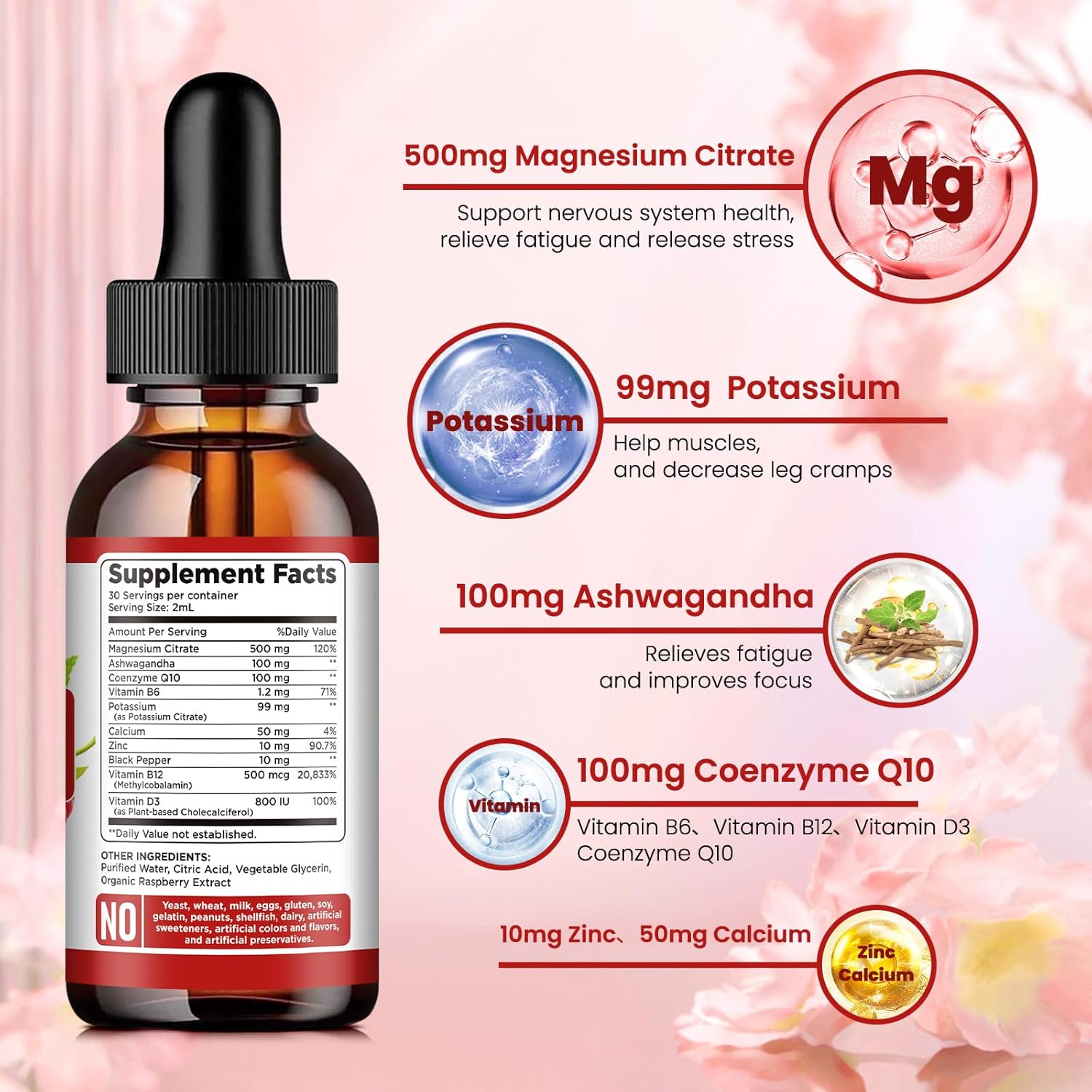 Liquid Potassium Magnesium Citrate Supplement with Ashwagandha, Calcium, Zinc, Vitamin D3 - 500mg Vegan Drops, Raspberry Flavor - 2 fl oz