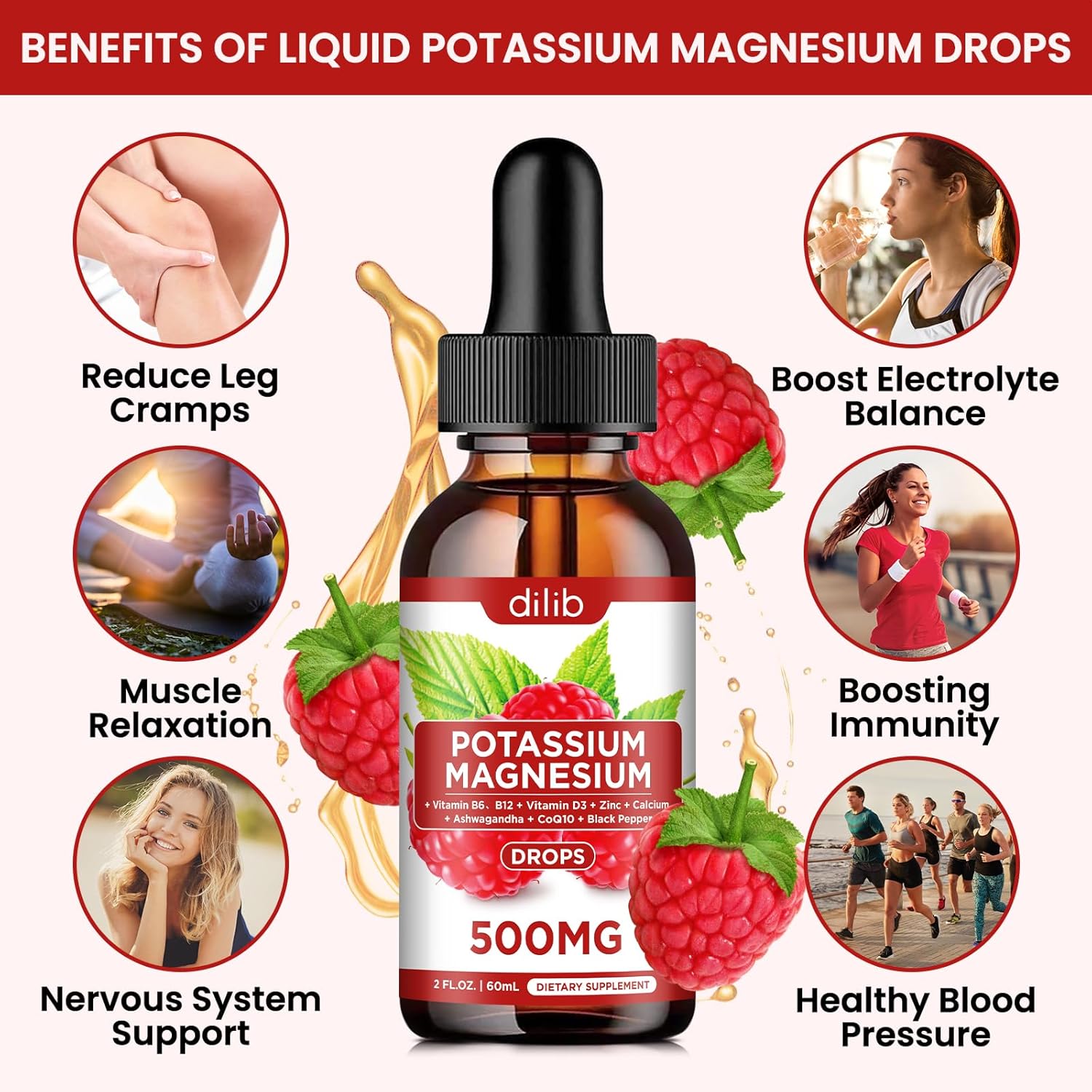 Liquid Potassium Magnesium Citrate Supplement with Ashwagandha, Calcium, Zinc, Vitamin D3 - 500mg Vegan Drops, Raspberry Flavor - 2 fl oz