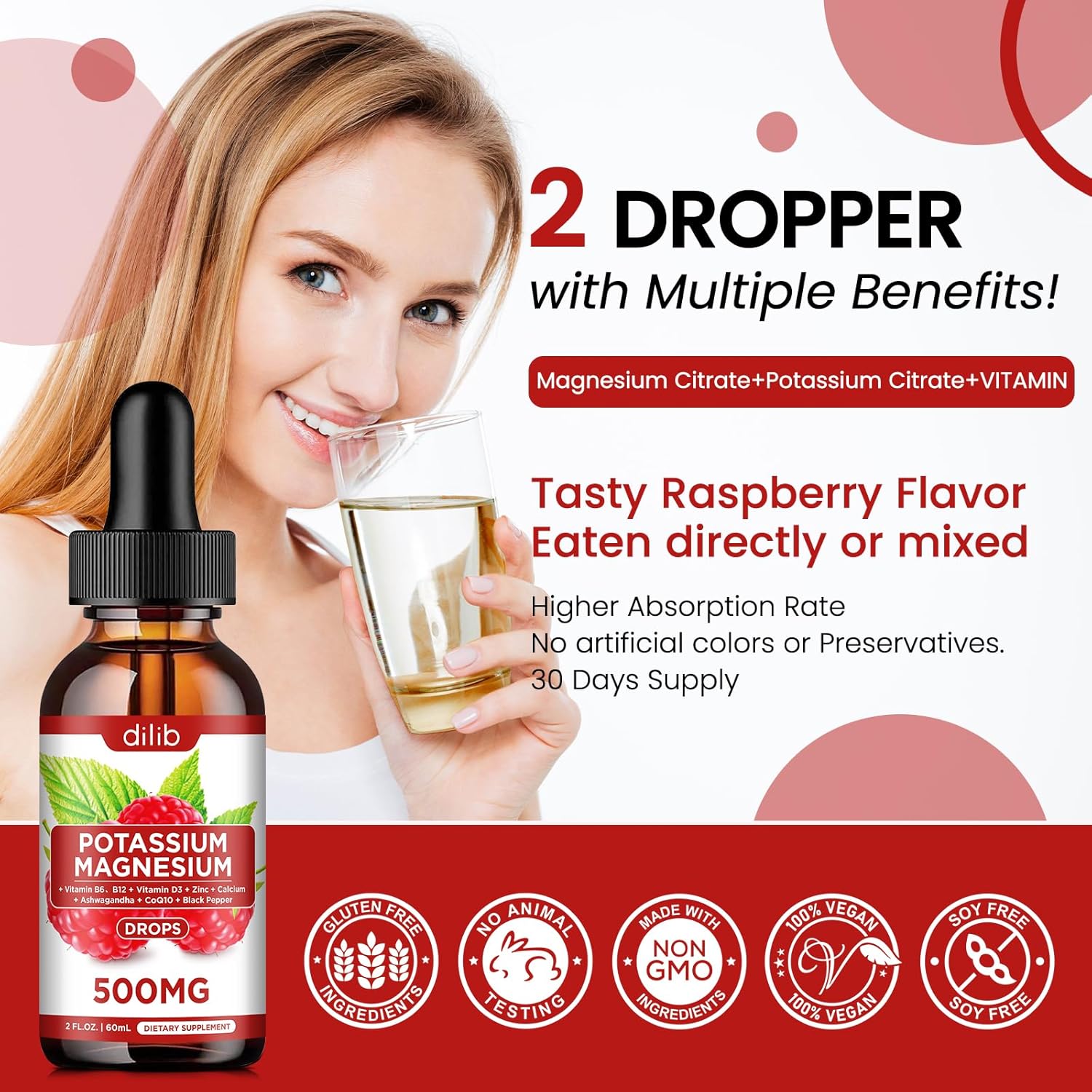 Liquid Potassium Magnesium Citrate Supplement with Ashwagandha, Calcium, Zinc, Vitamin D3 - 500mg Vegan Drops, Raspberry Flavor - 2 fl oz