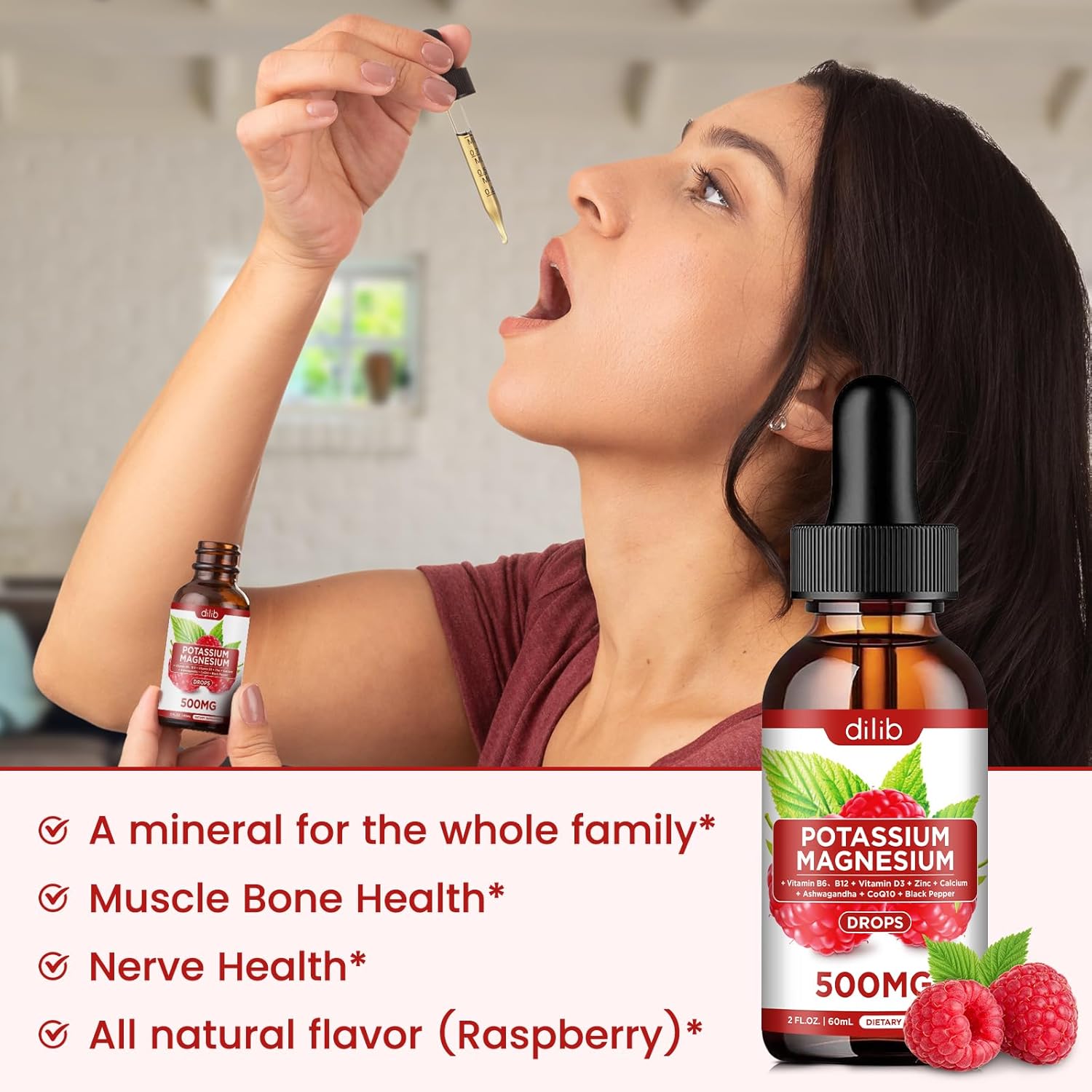 Liquid Potassium Magnesium Citrate Supplement with Ashwagandha, Calcium, Zinc, Vitamin D3 - 500mg Vegan Drops, Raspberry Flavor - 2 fl oz