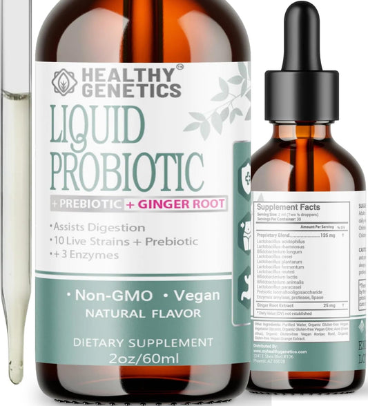 Liquid Probiotic with Prebiotic & Ginger for Digestive Health - Dairy Free, Vegan, Non-GMO - 30 Servings