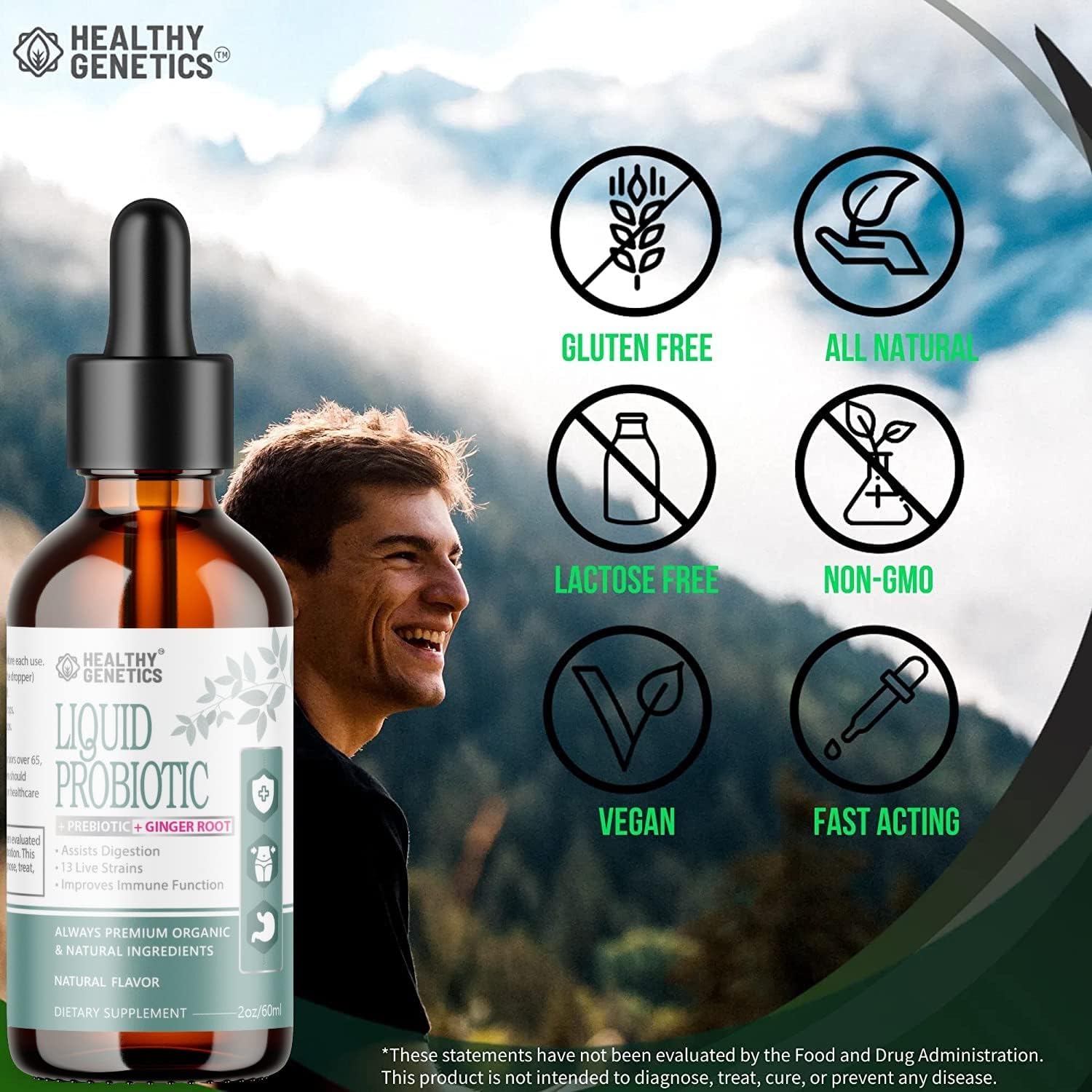 Liquid Probiotic with Prebiotic & Ginger for Digestive Health - Dairy Free, Vegan, Non-GMO - 30 Servings