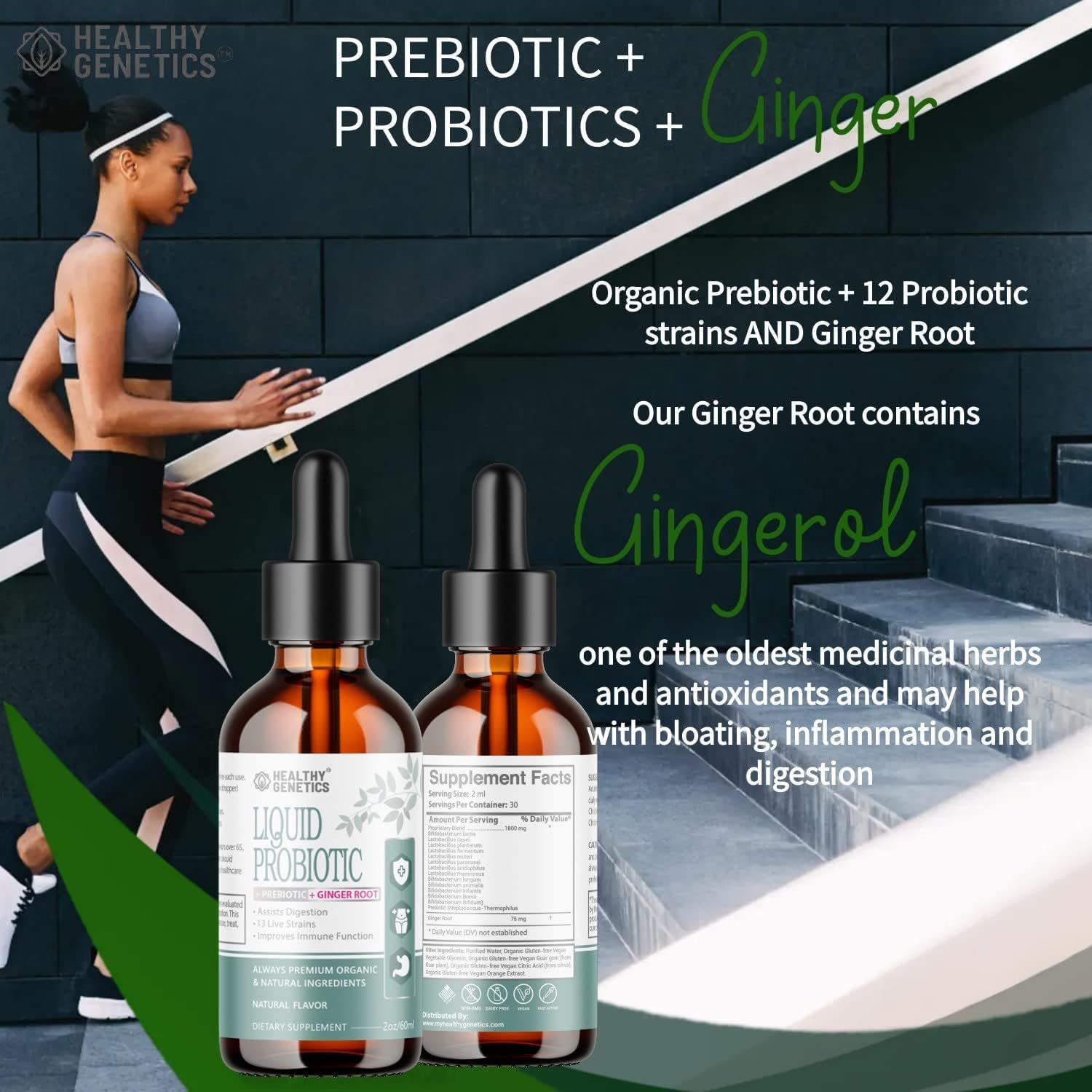 Liquid Probiotic with Prebiotic & Ginger for Digestive Health - Dairy Free, Vegan, Non-GMO - 30 Servings