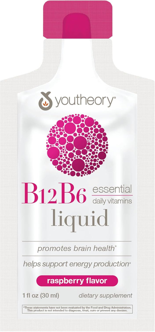 Liquid Raspberry Youtheory Vitamin B12 B6 Supplement for Daily Energy & Brain Support - 1oz Packets (12 Count)
